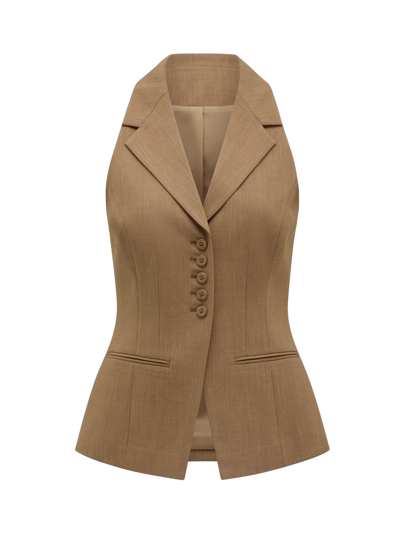 Orion Halter Waistcoat Camel Suit_mannequin
