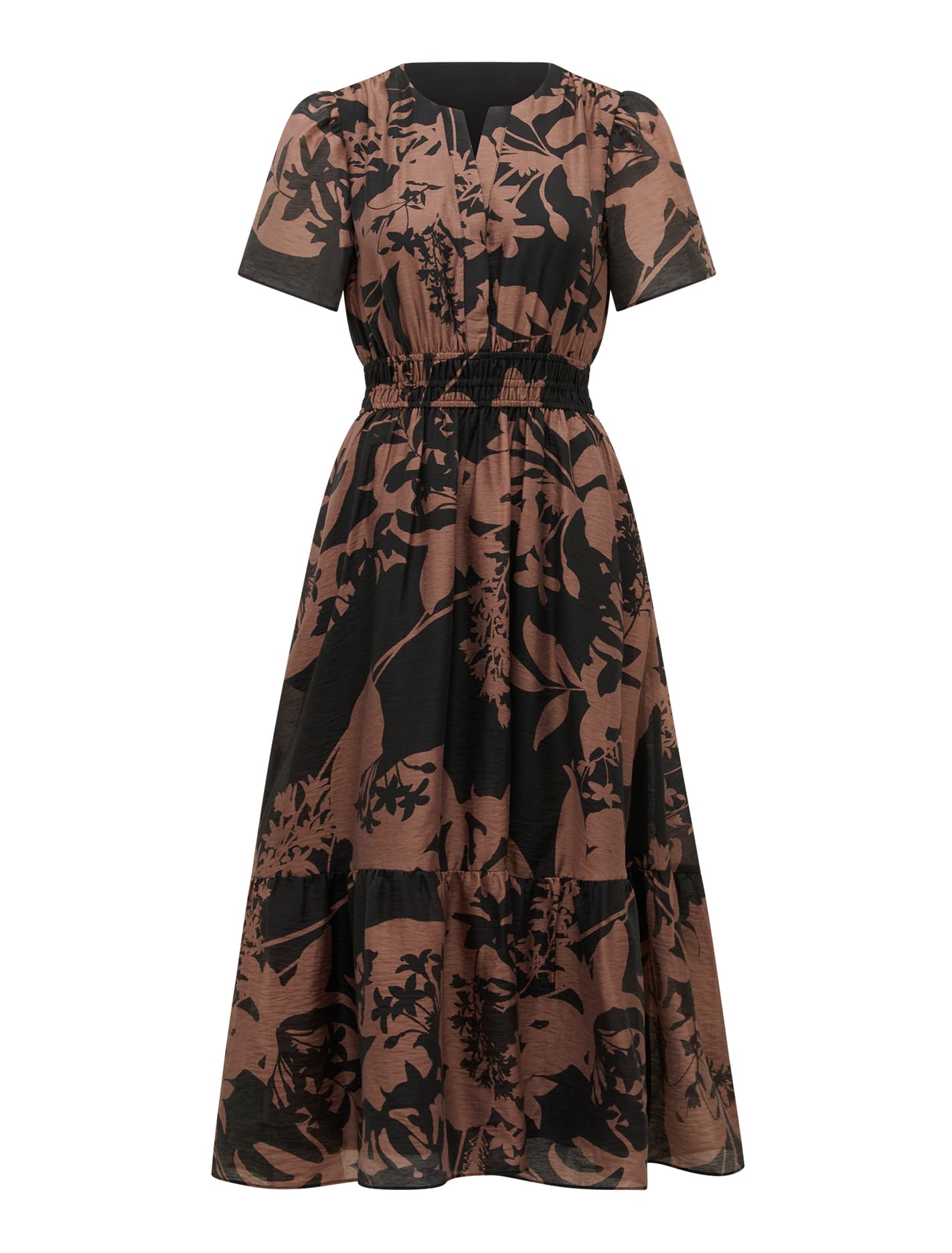 Eleanor Petite Short Sleeve Midi Dress Tan Hensley Floral_mannequin