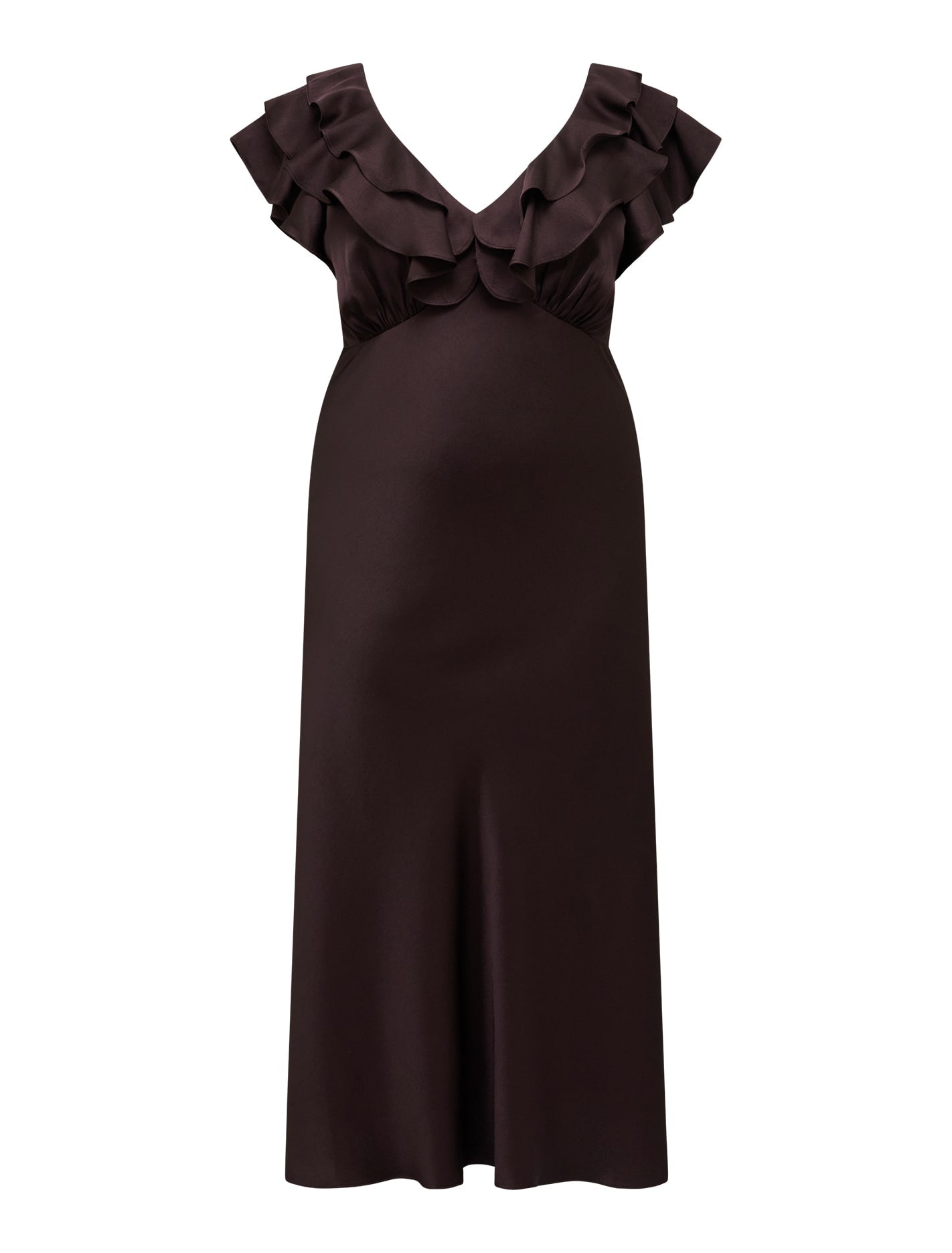 Zabrina Curve Ruffle Satin Dress Dark Chocolate_mannequin