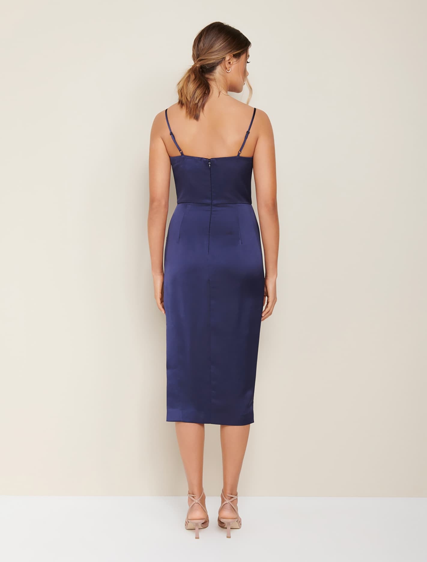 Laura Satin Cowl Ruched Midi Dress Navy