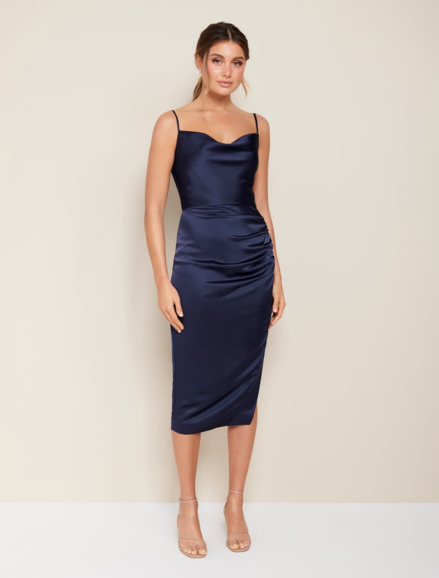 Laura Satin Cowl Ruched Midi Dress Navy
