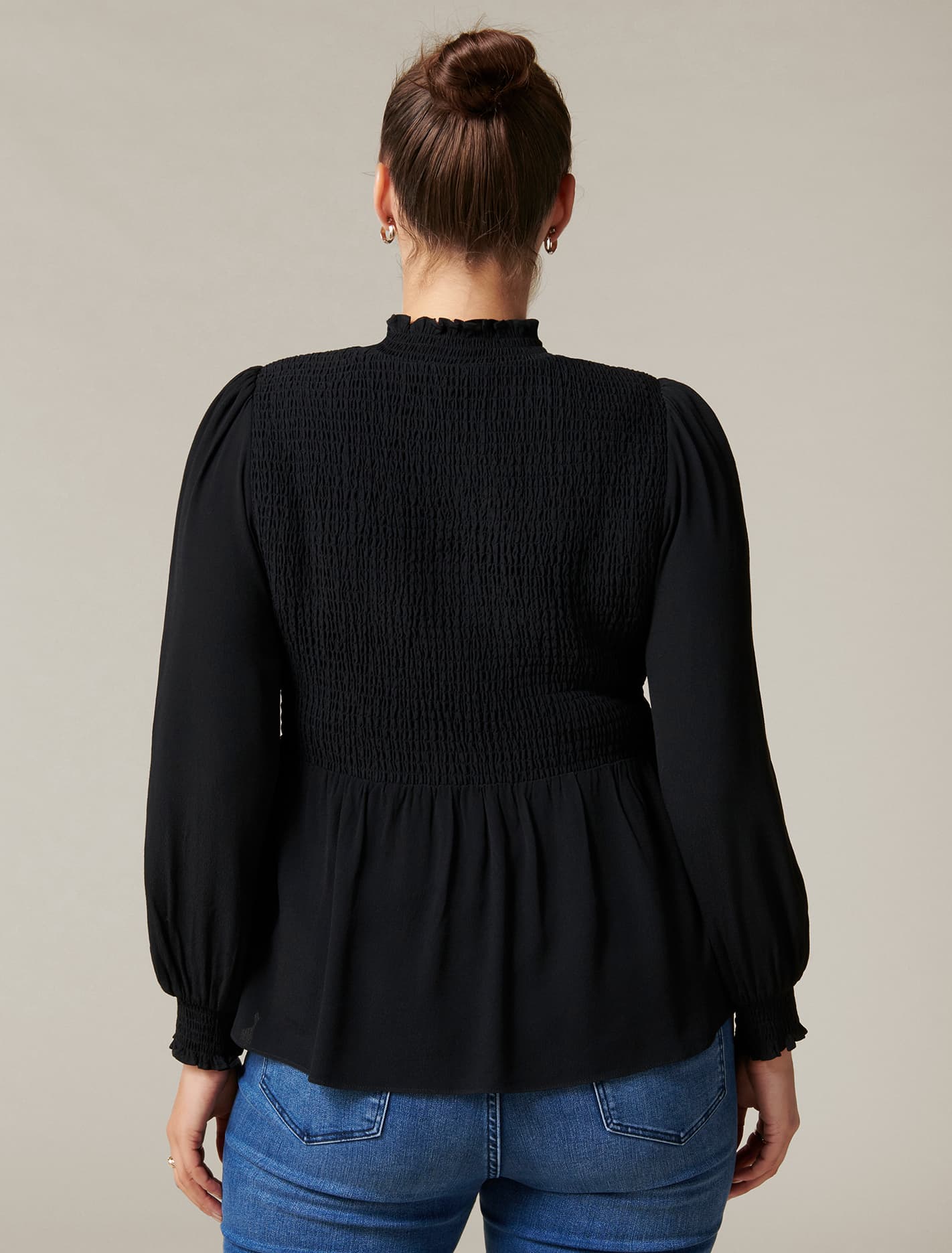 Lynn Curve High Neck Shirred Blouse Black