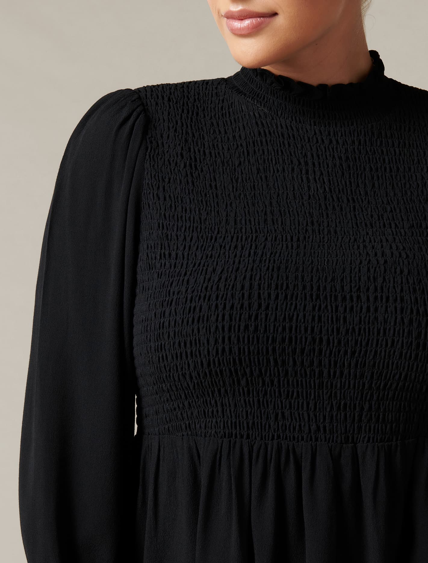 Lynn Curve High Neck Shirred Blouse Black