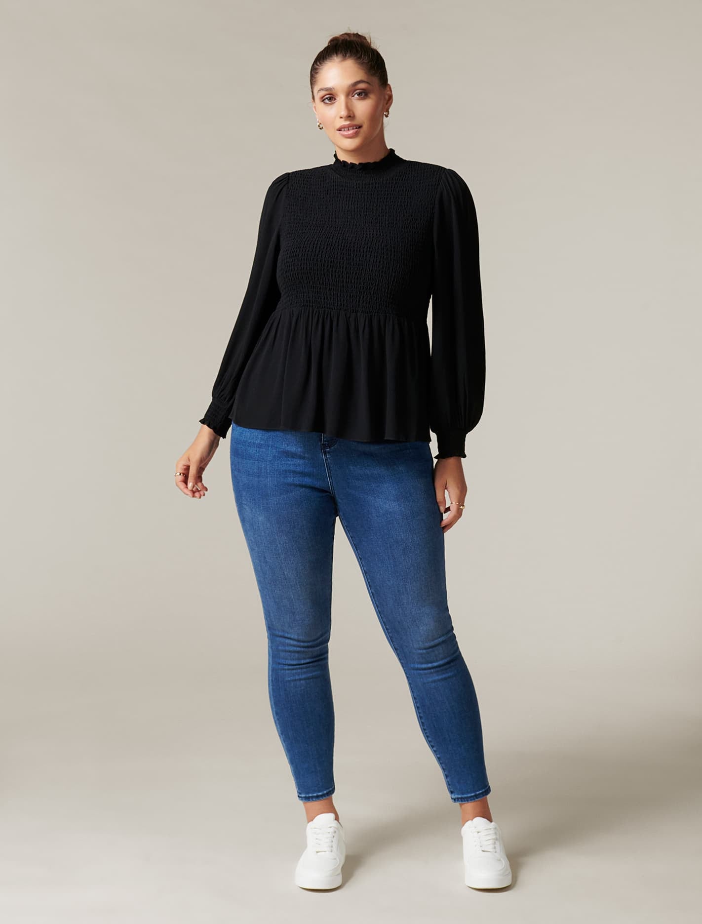 Lynn Curve High Neck Shirred Blouse Black
