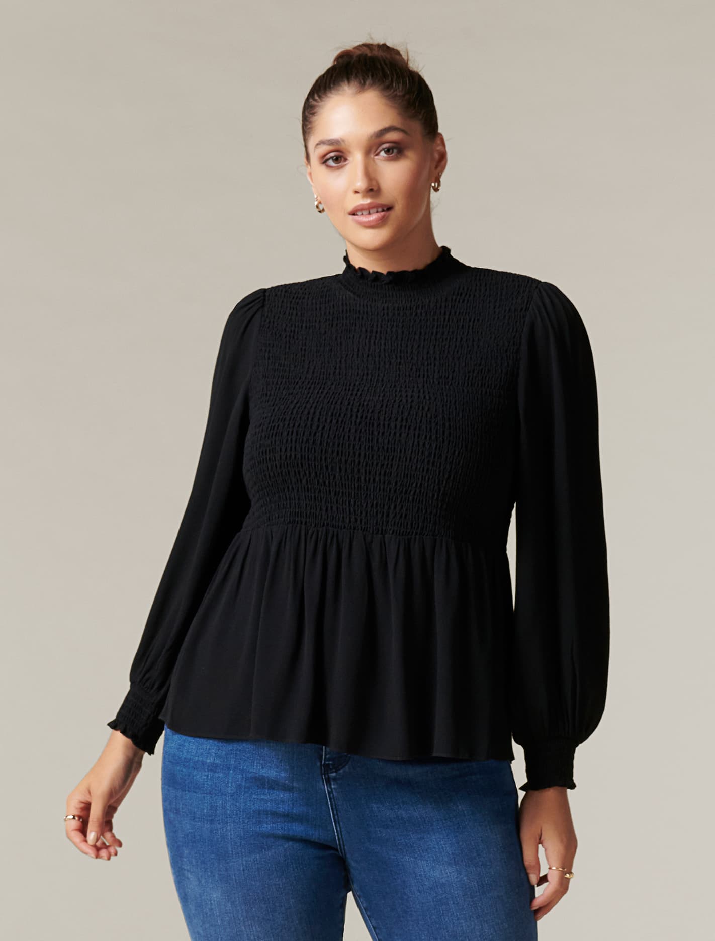 Lynn Curve High Neck Shirred Blouse Black