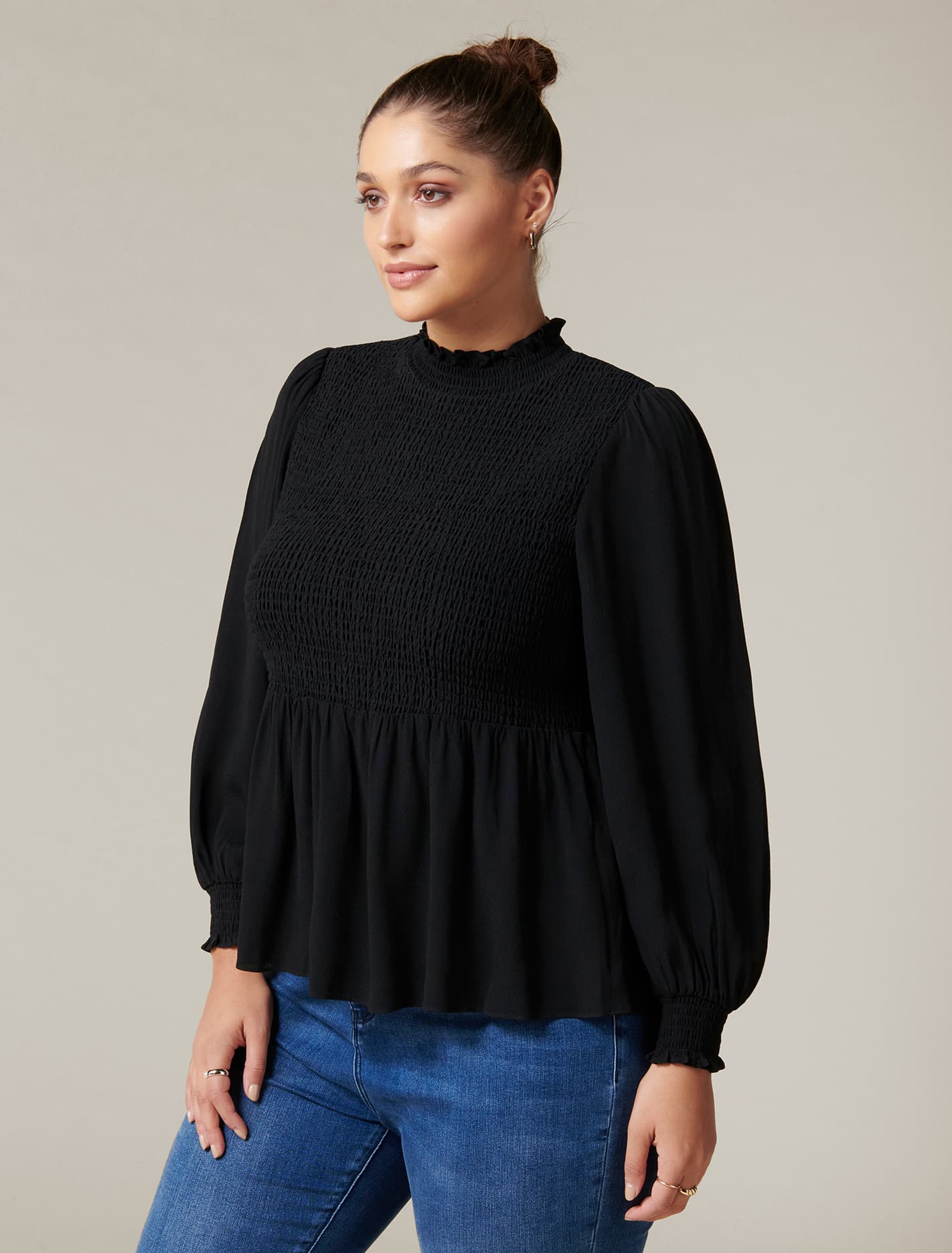 Lynn Curve High Neck Shirred Blouse Black