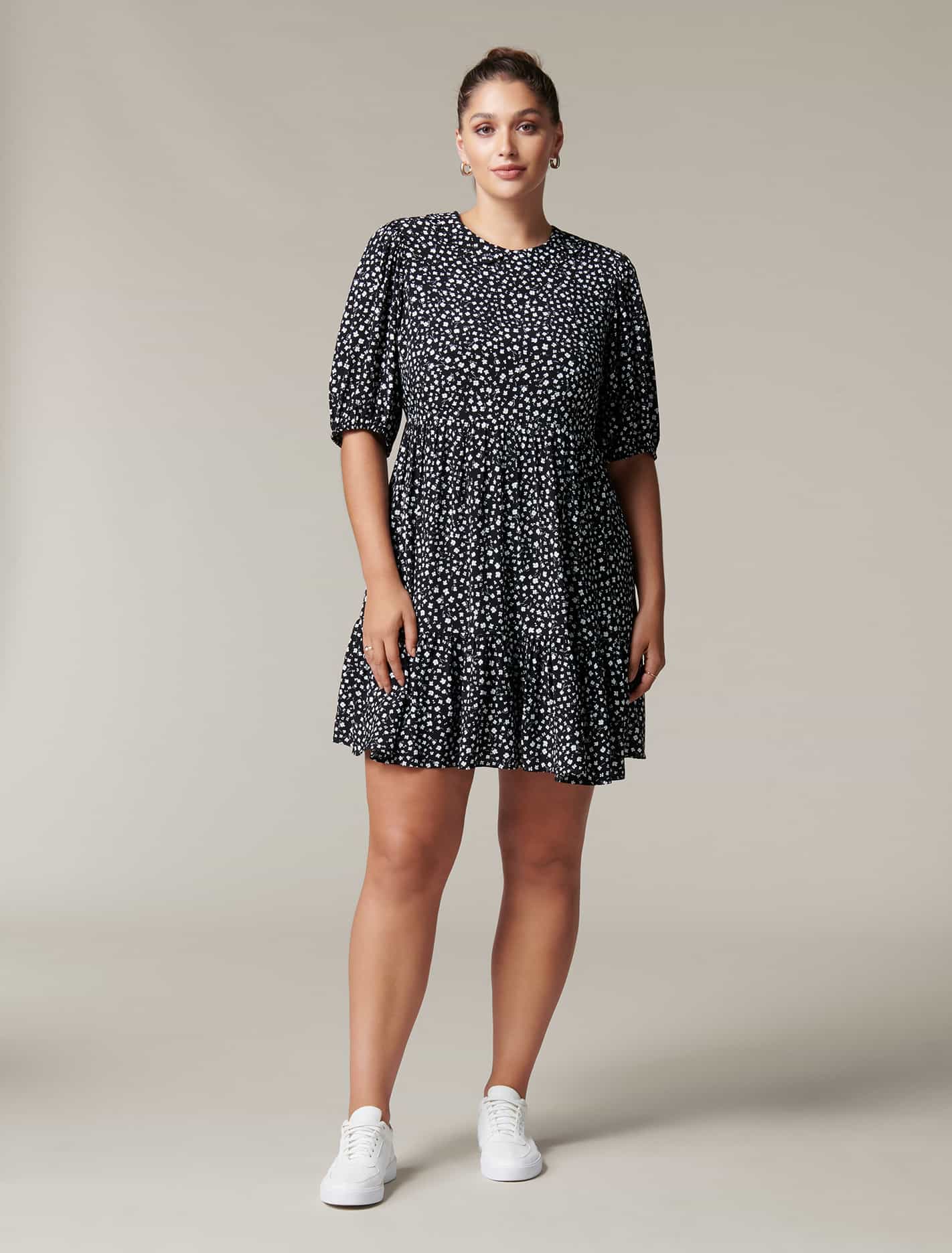 Lisa Curve Collar Smock Dress Black Shadowed Ditsy