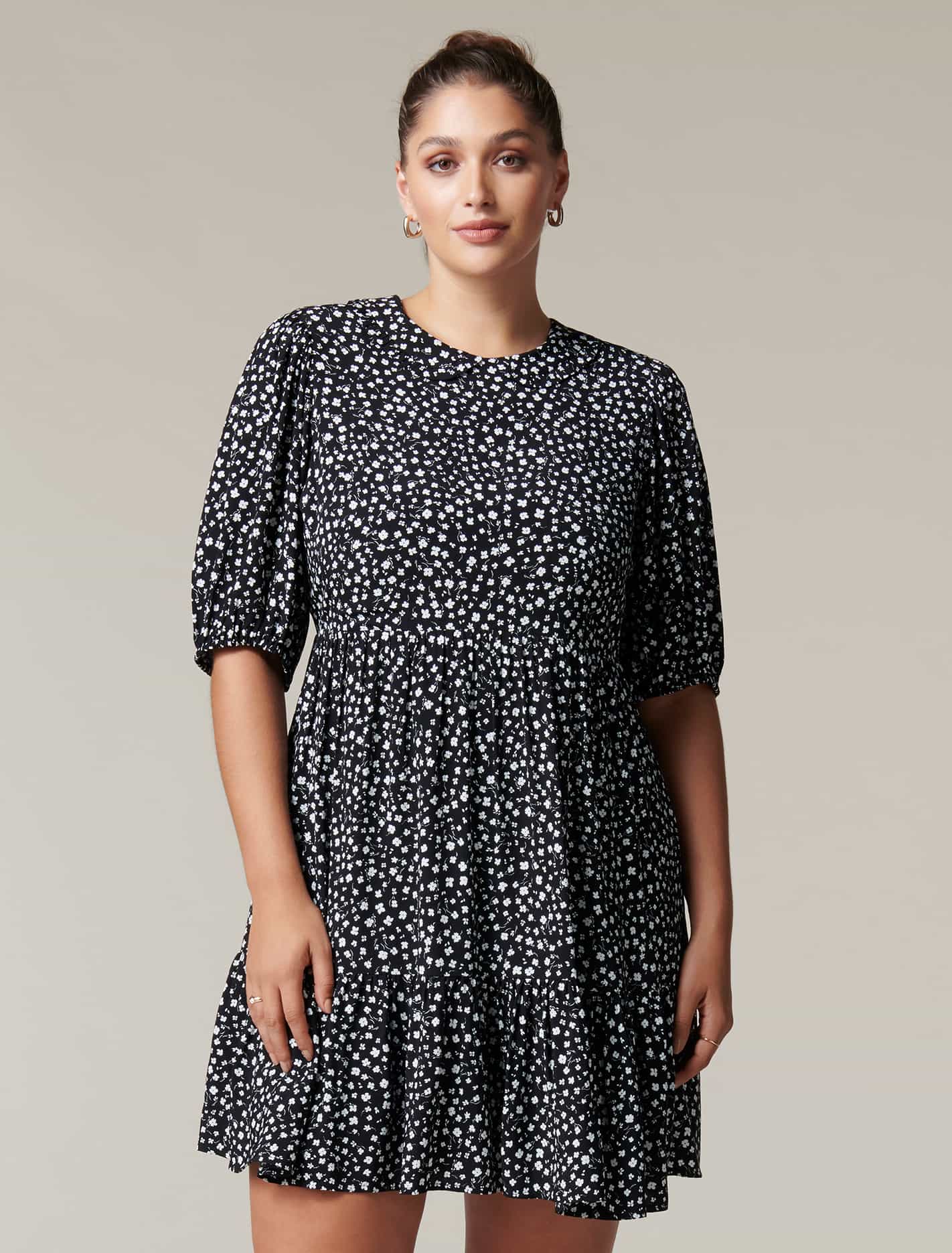 Lisa Curve Collar Smock Dress Black Shadowed Ditsy