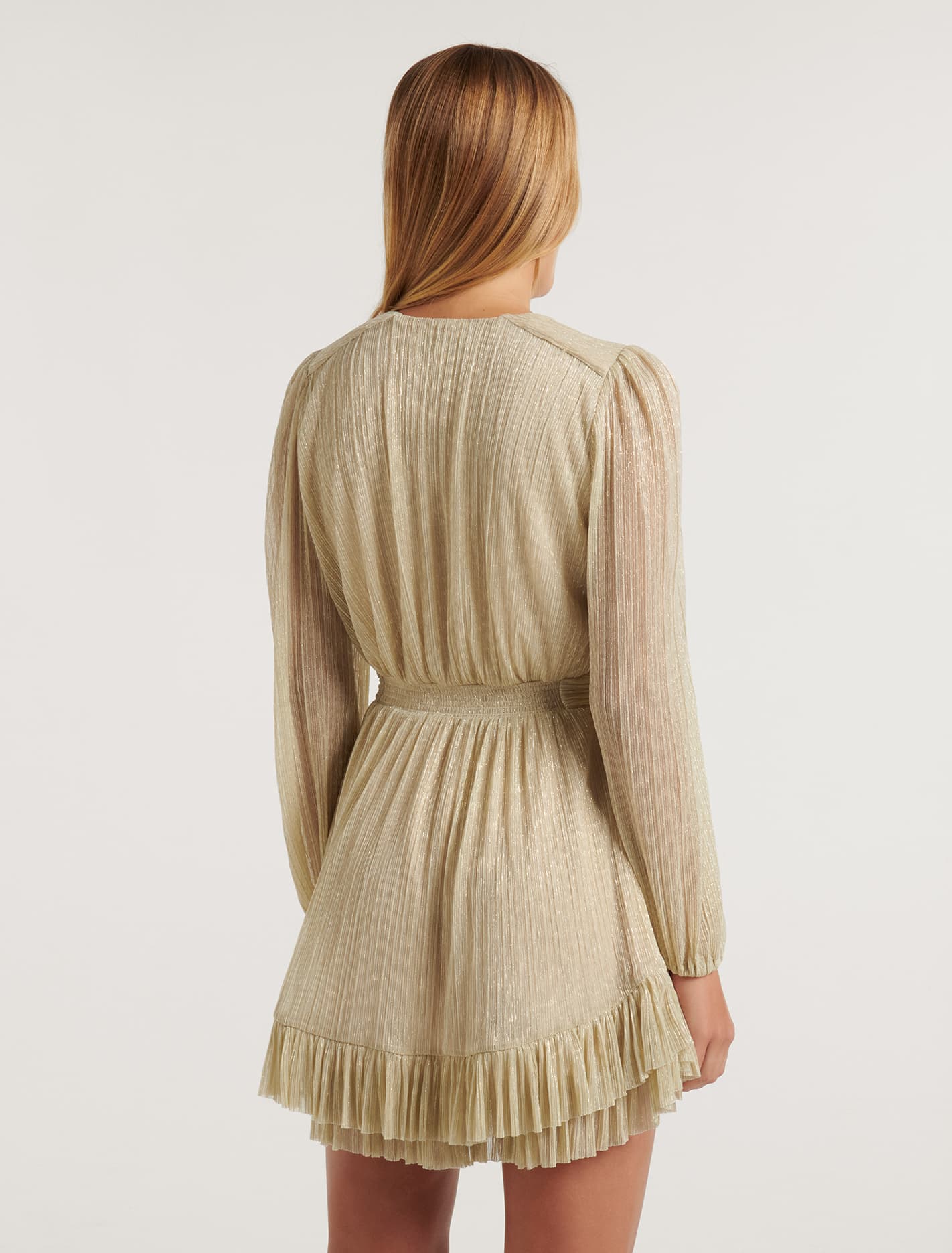 Goldie Long-Sleeve Plisse Mini Dress Cream
