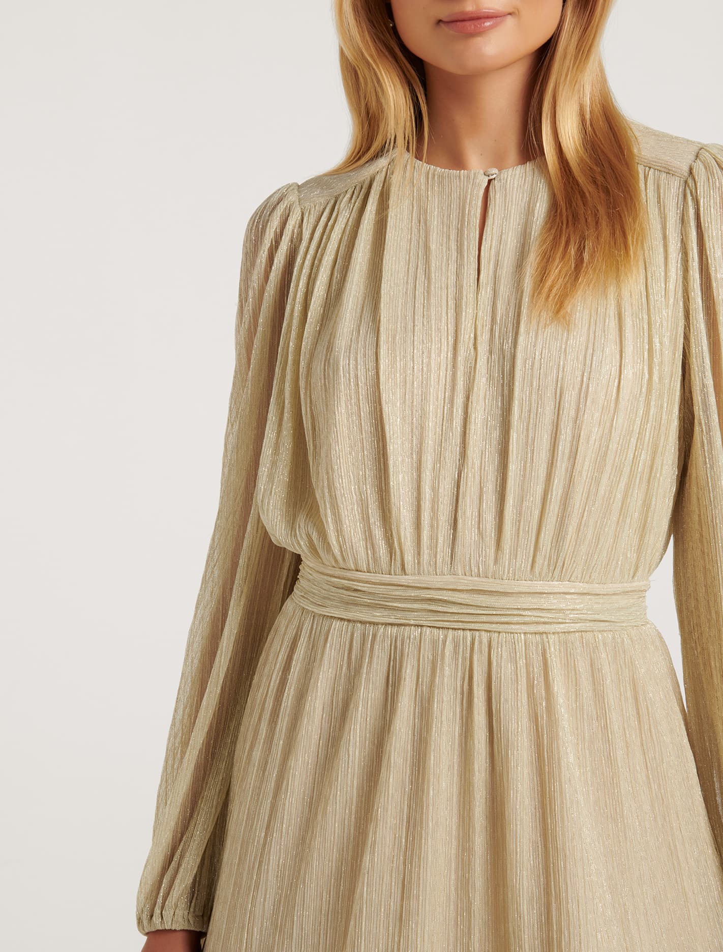 Goldie Long-Sleeve Plisse Mini Dress Cream