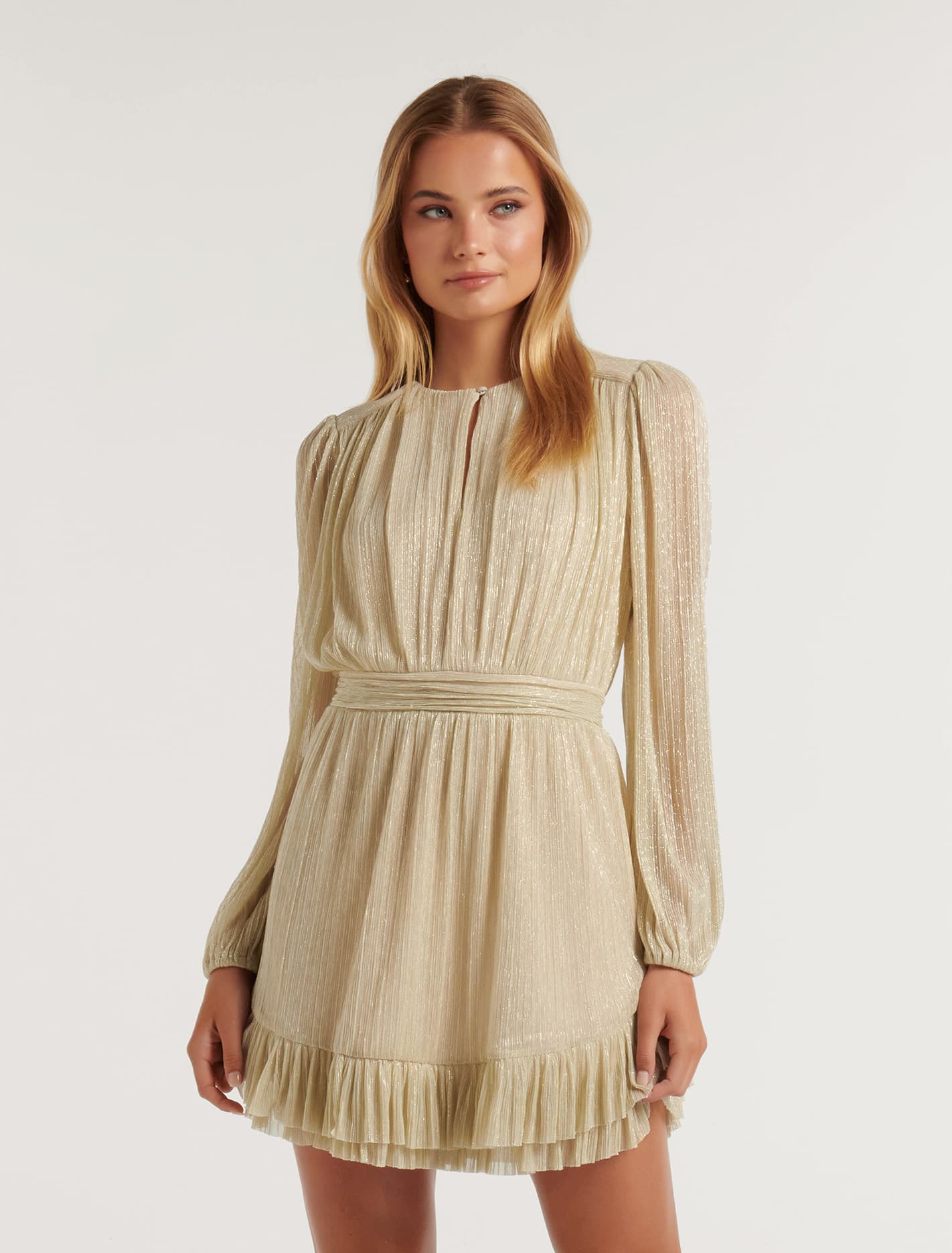 Goldie Long-Sleeve Plisse Mini Dress Cream