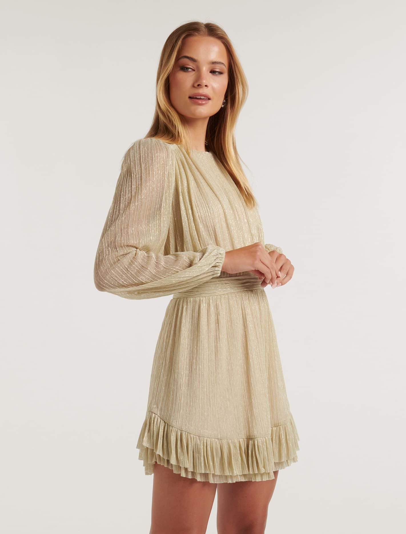 Goldie Long-Sleeve Plisse Mini Dress Cream