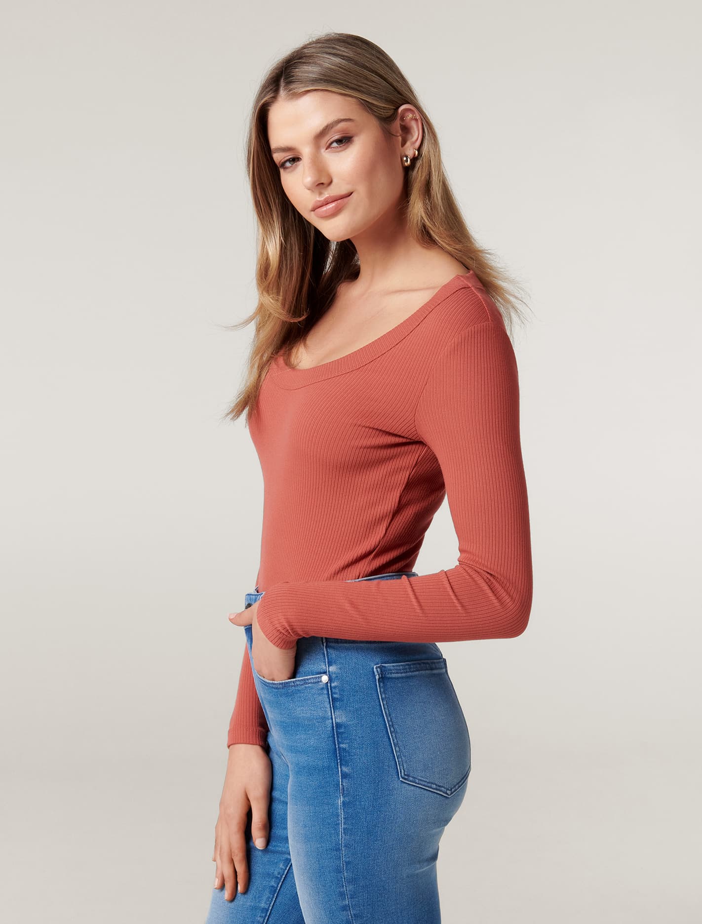 Sienna Petite Scoop Neck Long Sleeve Rust