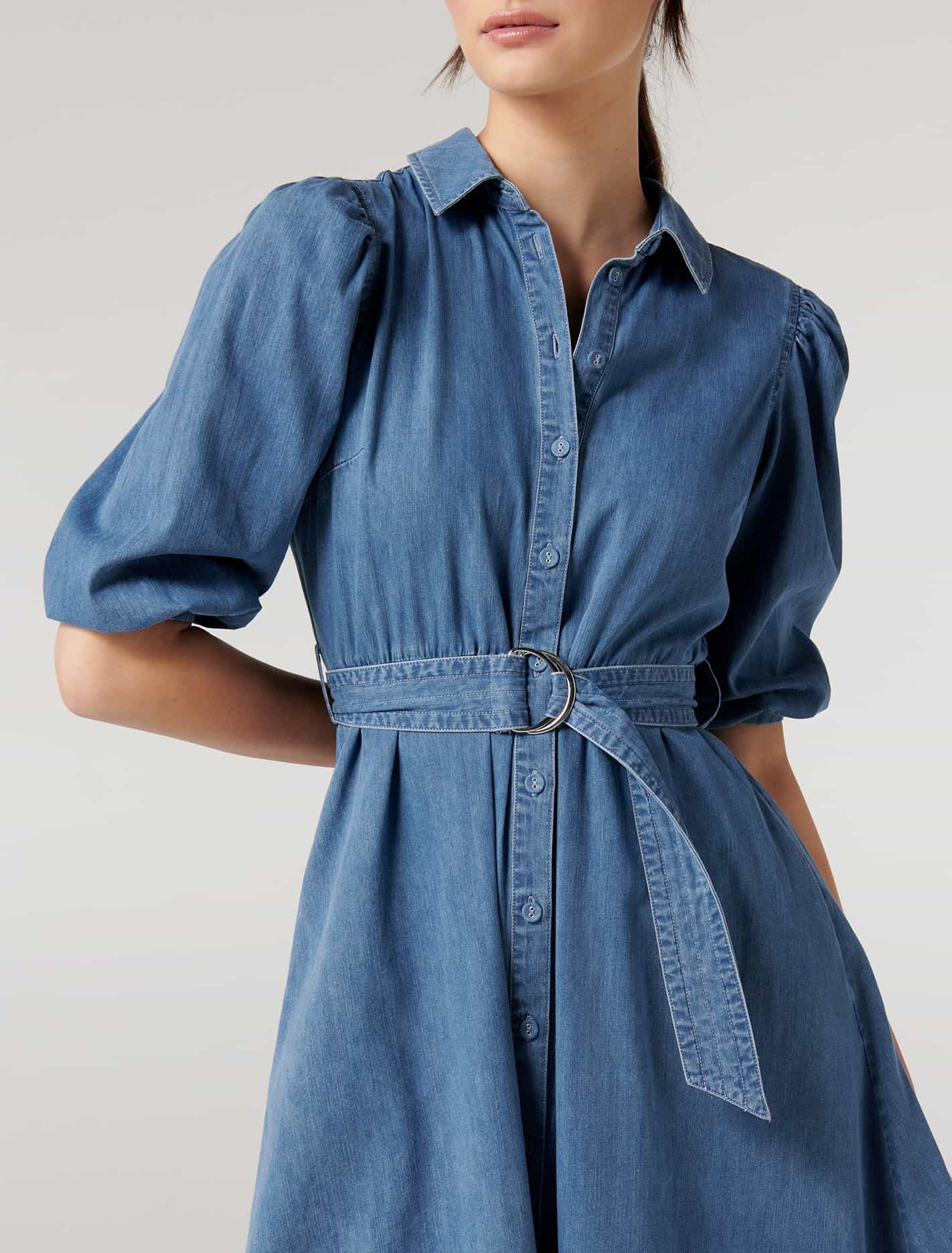 Perla Petite Puff Sleeve Shirt Dress Mid Wash