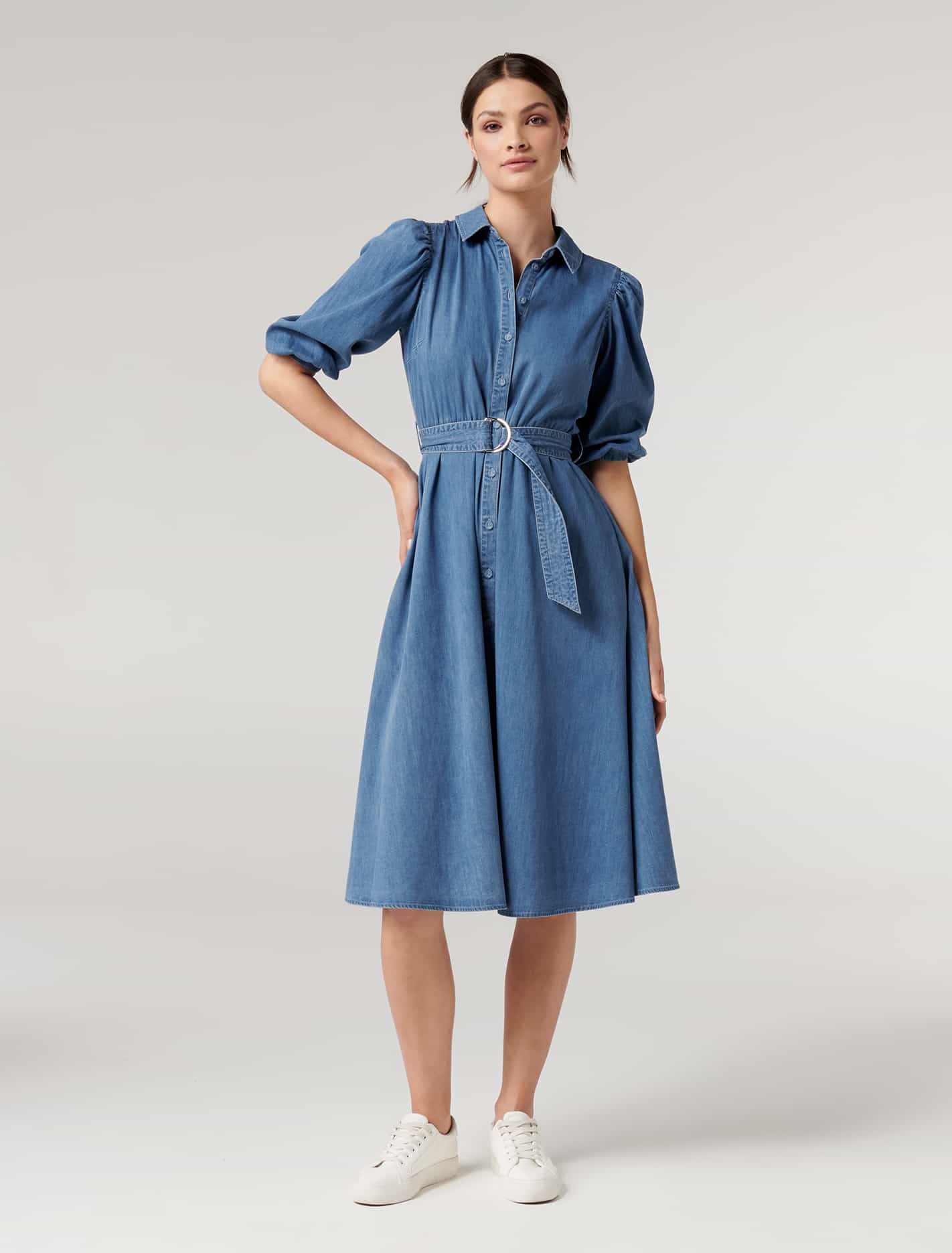 Perla Petite Puff Sleeve Shirt Dress Mid Wash