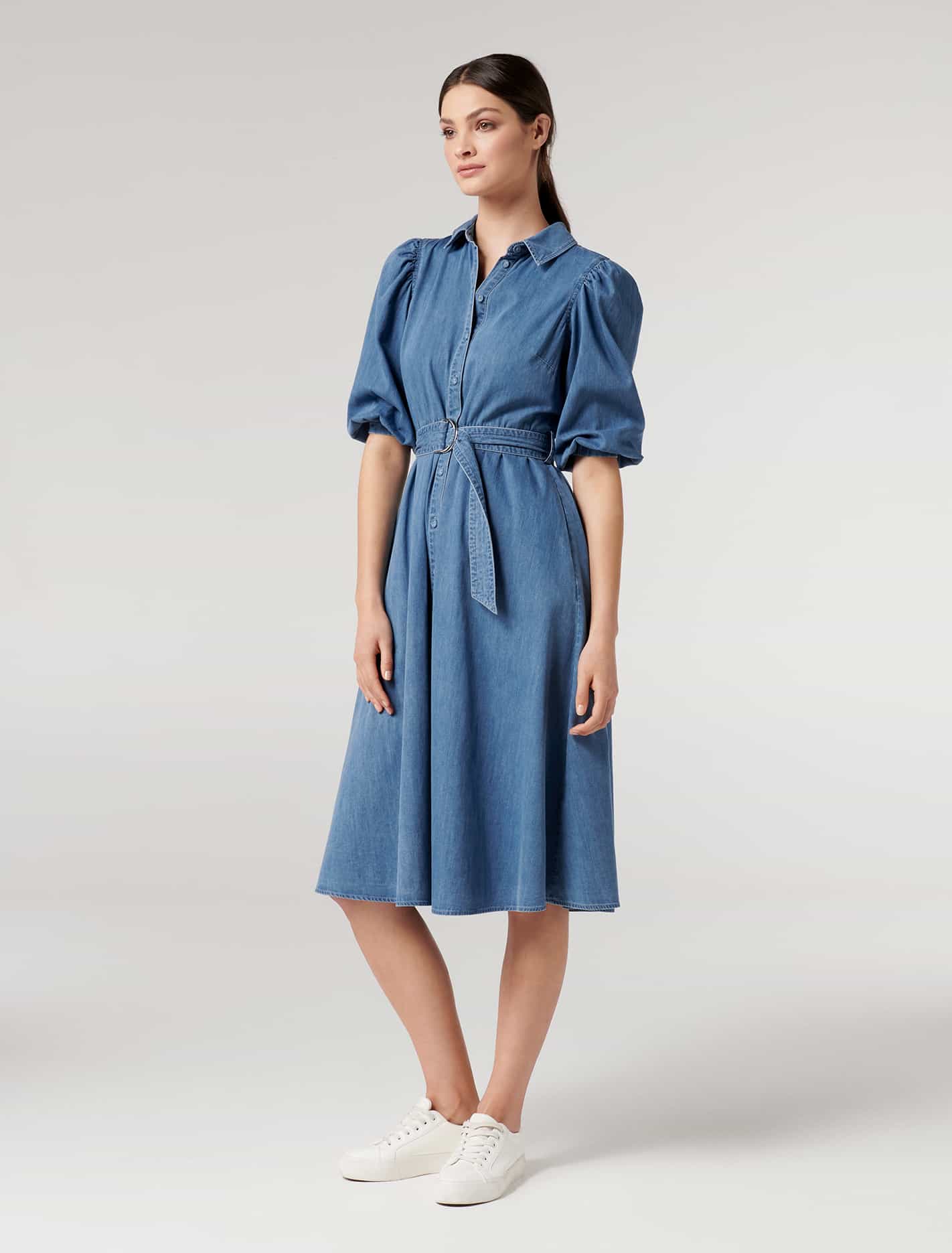 Perla Petite Puff Sleeve Shirt Dress Mid Wash
