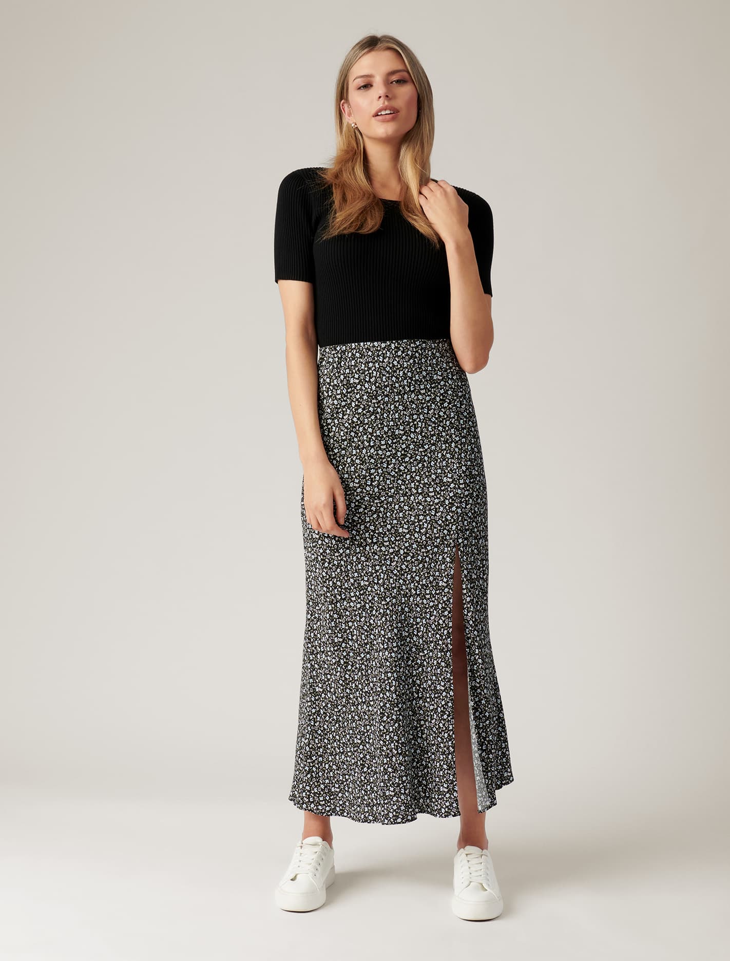 Blanca Petite Bias Split Midi Skirt Brighton Ditsy