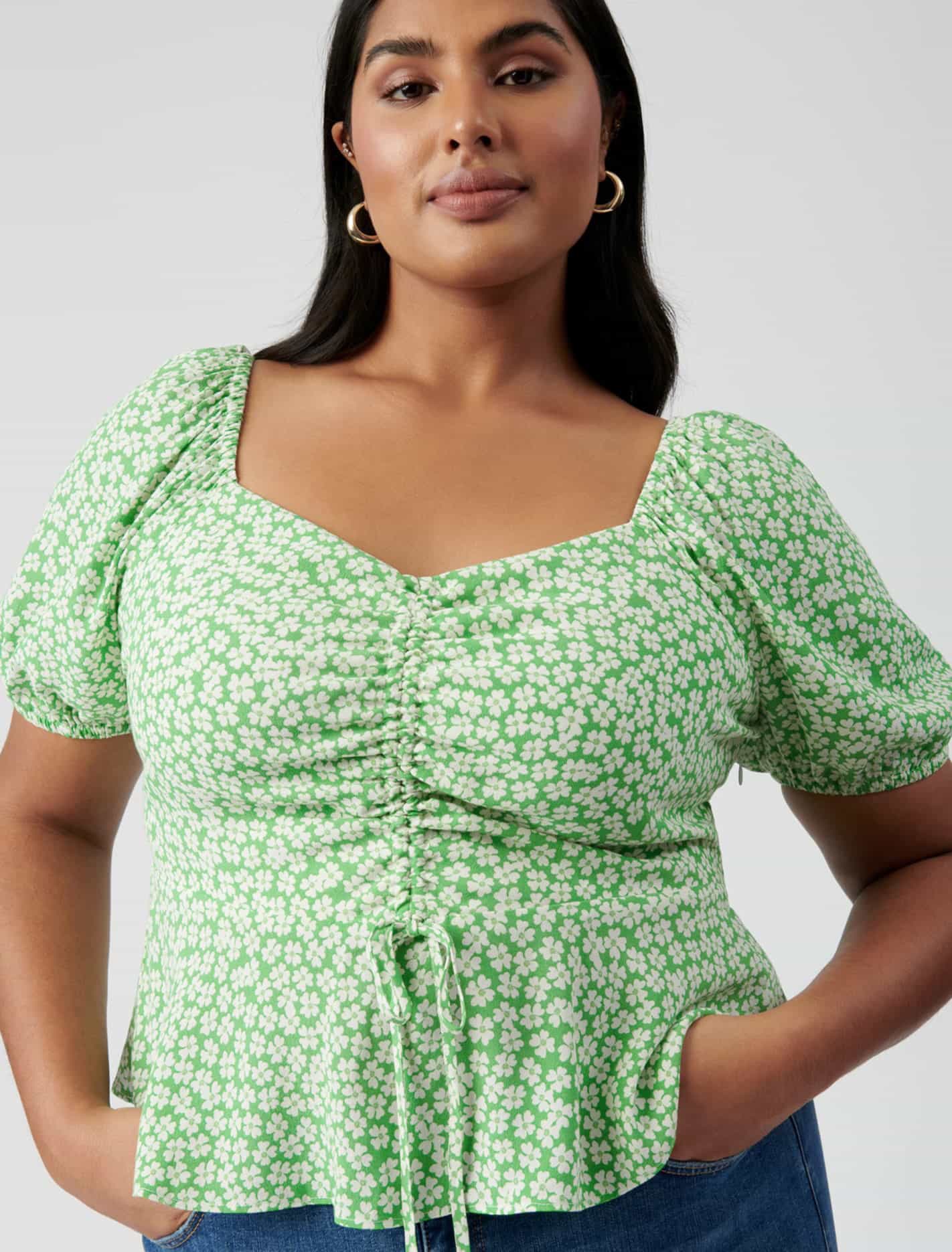 Lana Curve Ruched Front Top Lime Retro Ditsy