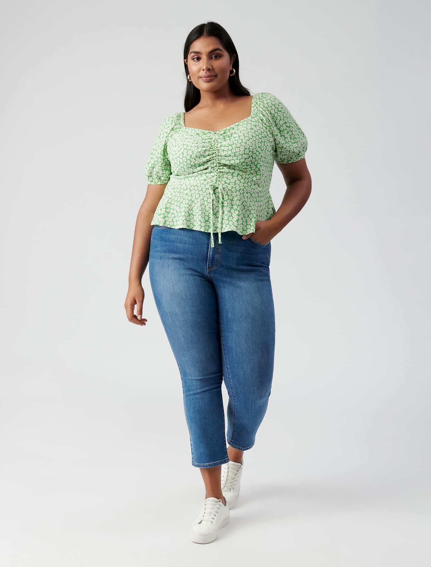 Lana Curve Ruched Front Top Lime Retro Ditsy
