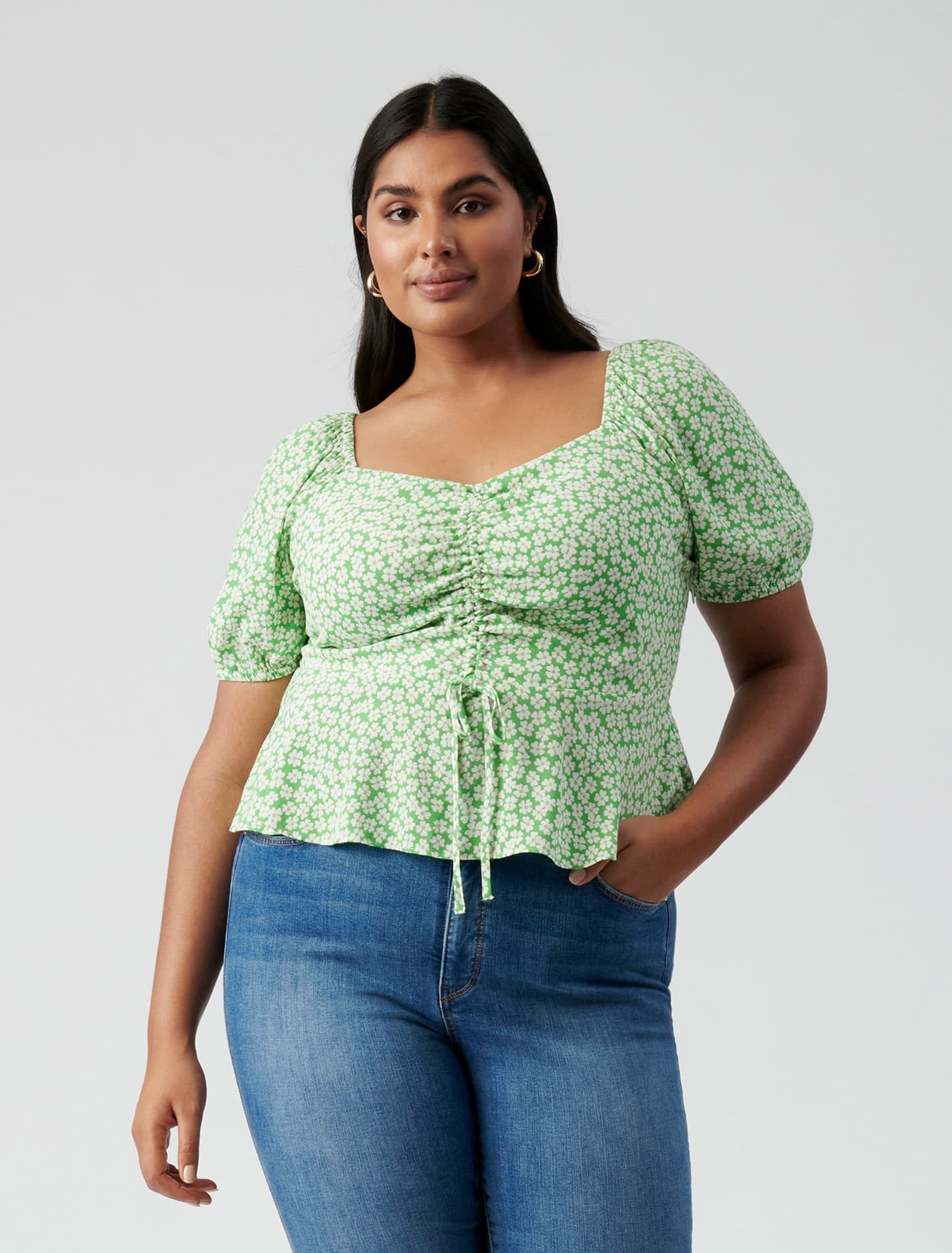 Lana Curve Ruched Front Top Lime Retro Ditsy