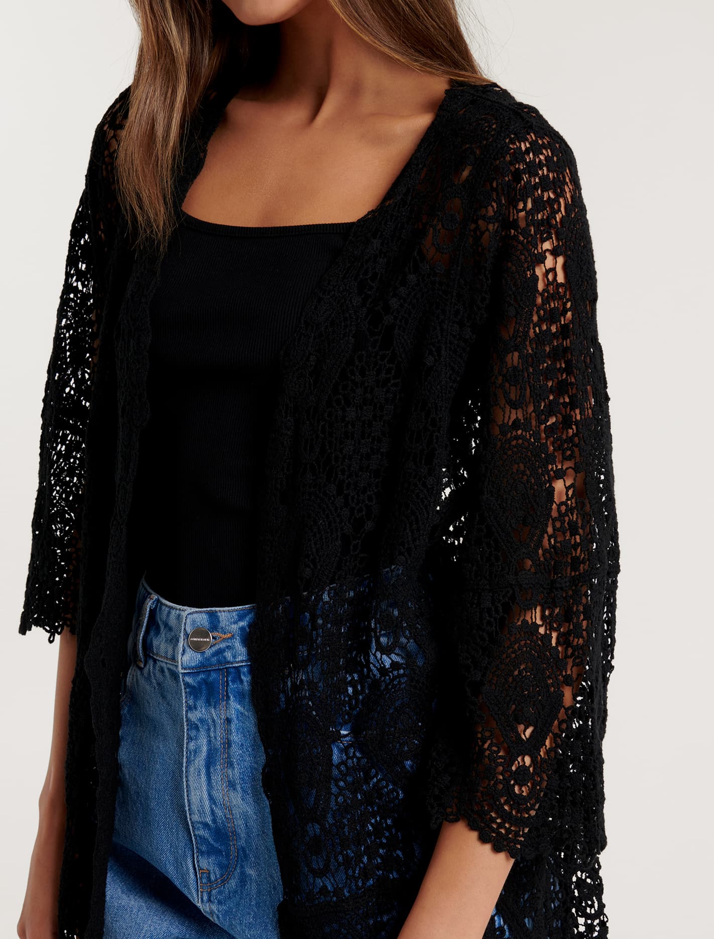 Delilah Crochet Long Kimono Black