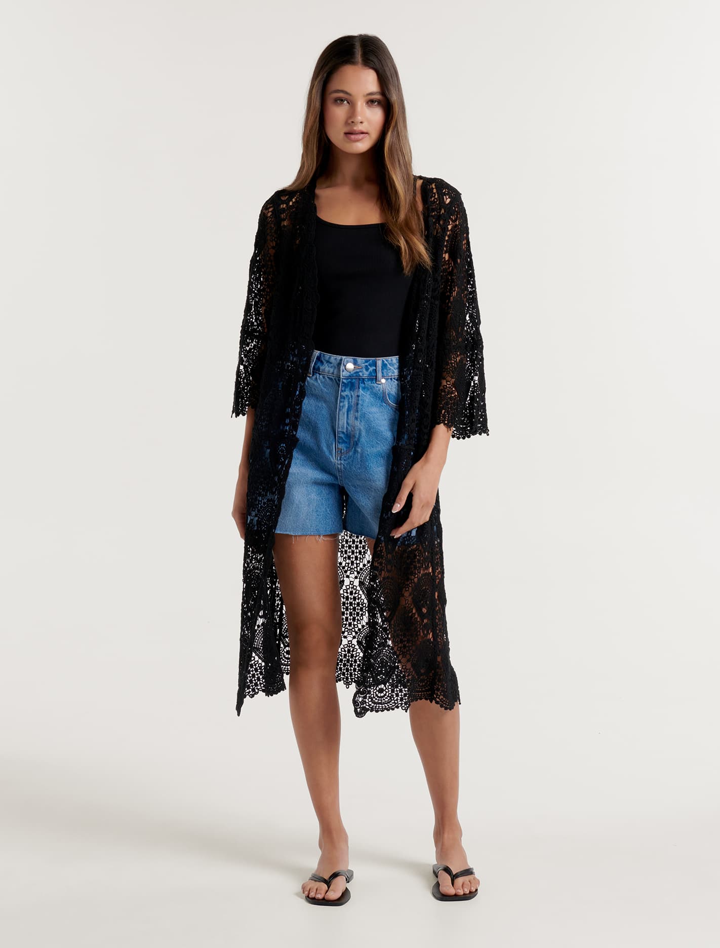 Delilah Crochet Long Kimono Black