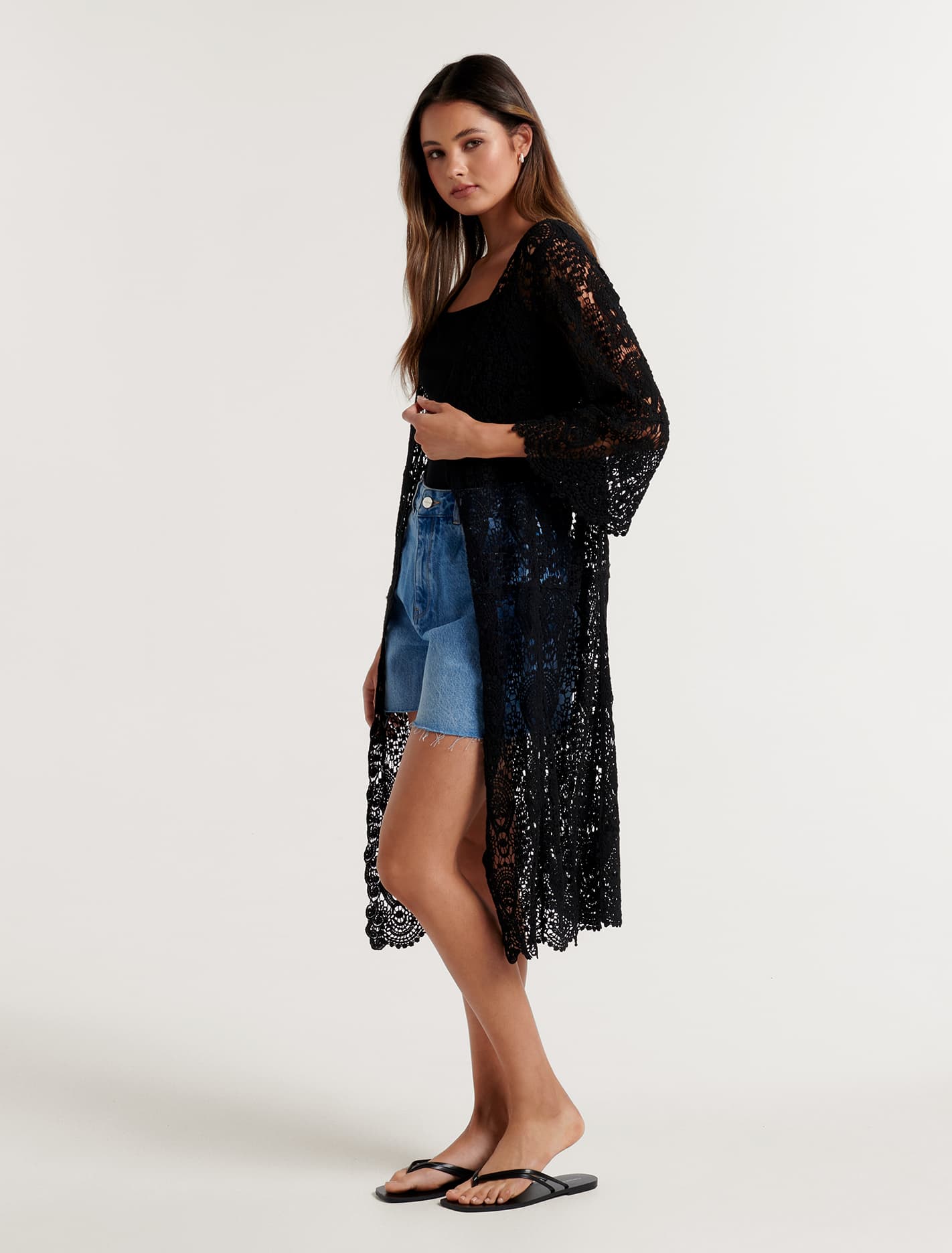 Delilah Crochet Long Kimono Black