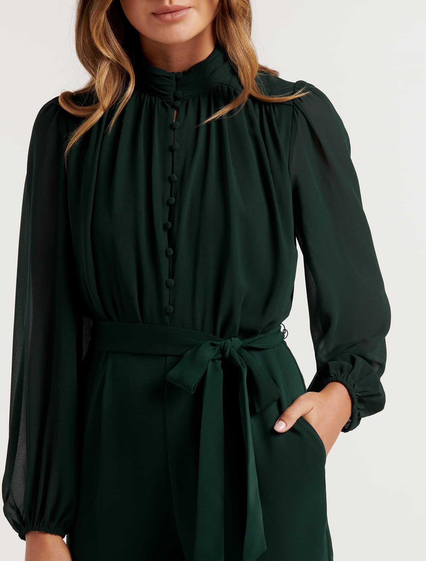 Lana Button Up Blouse Jumpsuit Dark Green