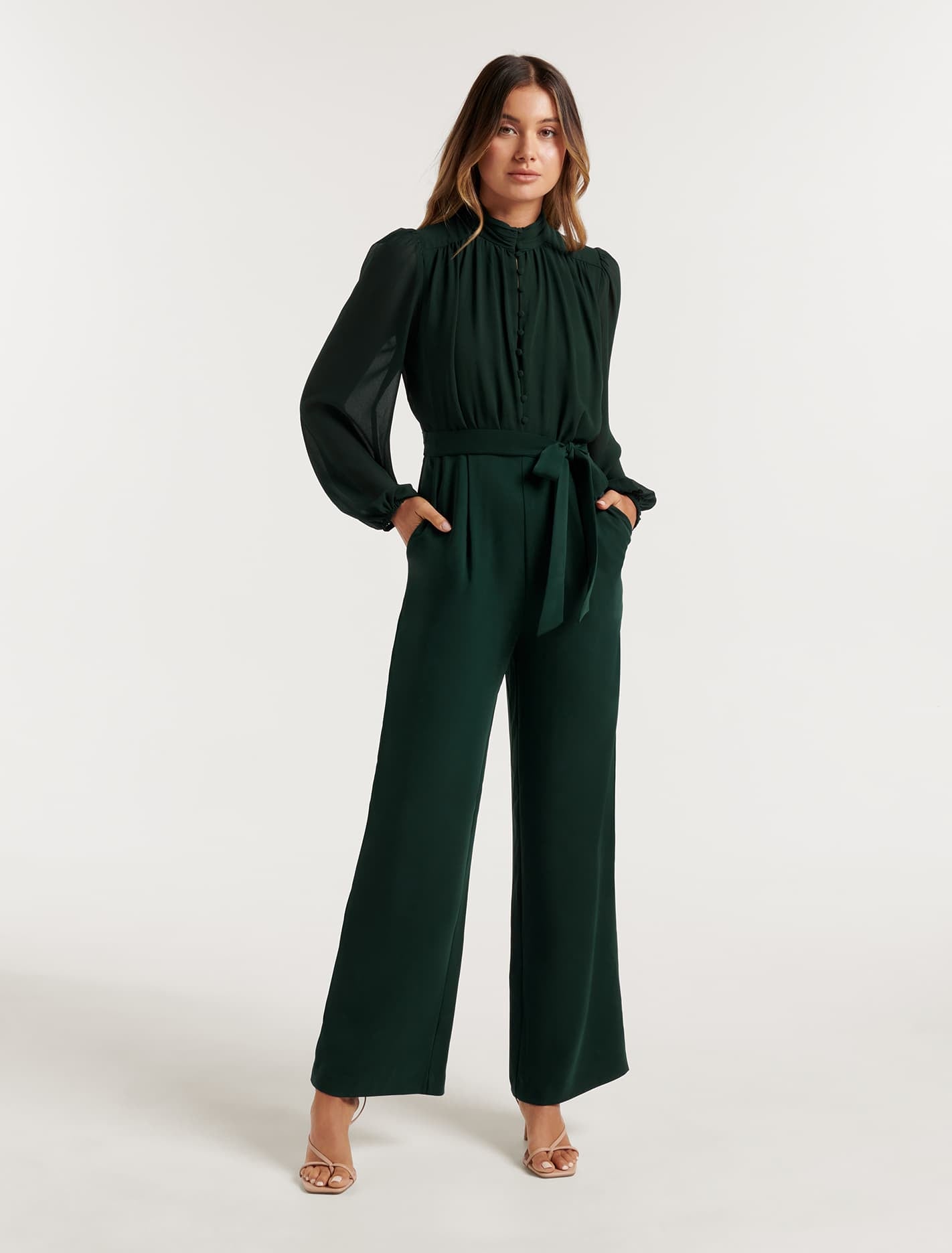 Lana Button Up Blouse Jumpsuit Dark Green