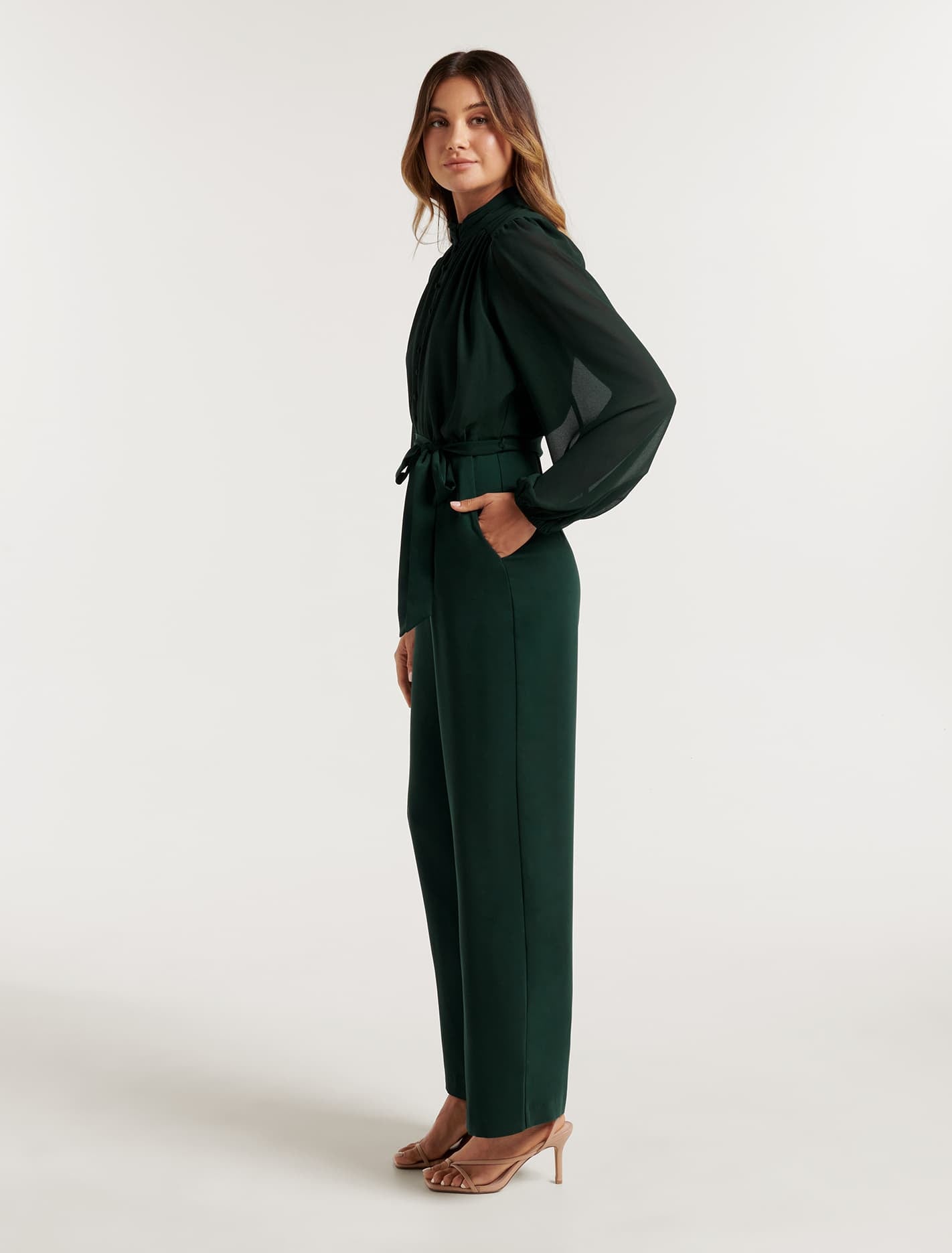 Lana Button Up Blouse Jumpsuit Dark Green