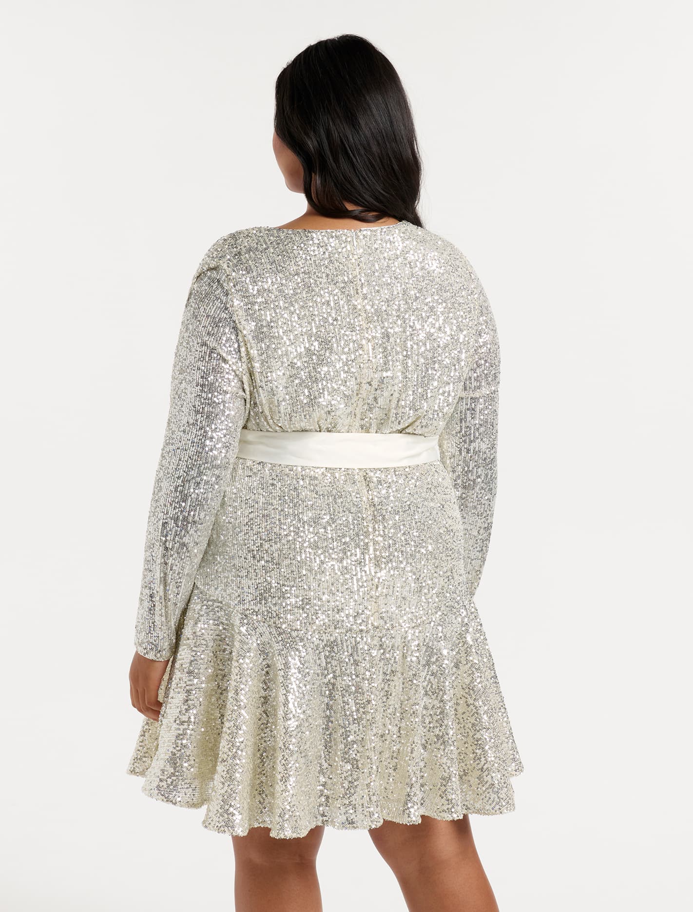 Cher Curve Flare Sleeve Sequin Dress Silver Sequin