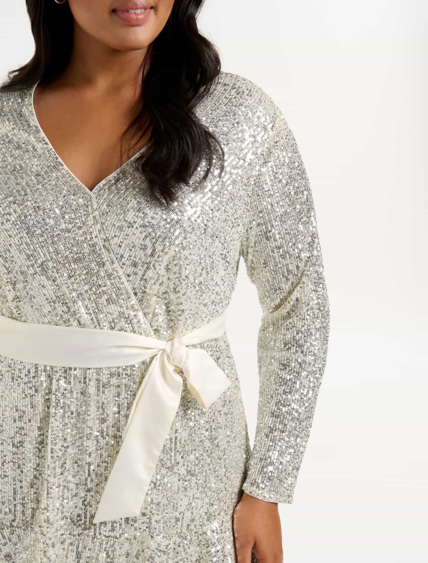 Cher Curve Flare Sleeve Sequin Dress Silver Sequin
