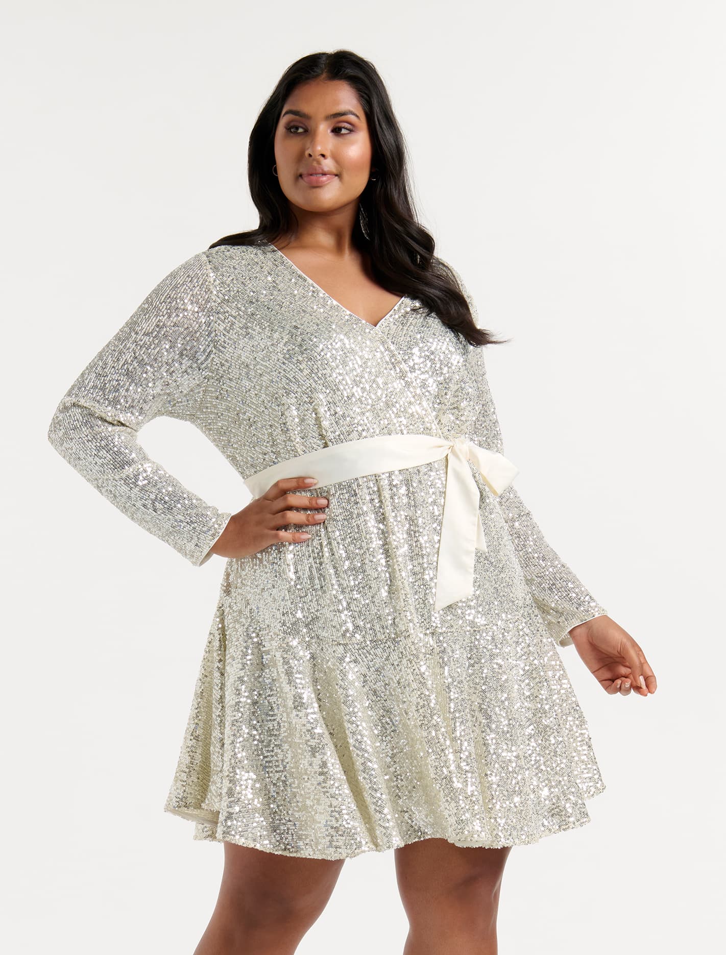 Cher Curve Flare Sleeve Sequin Dress Silver Sequin