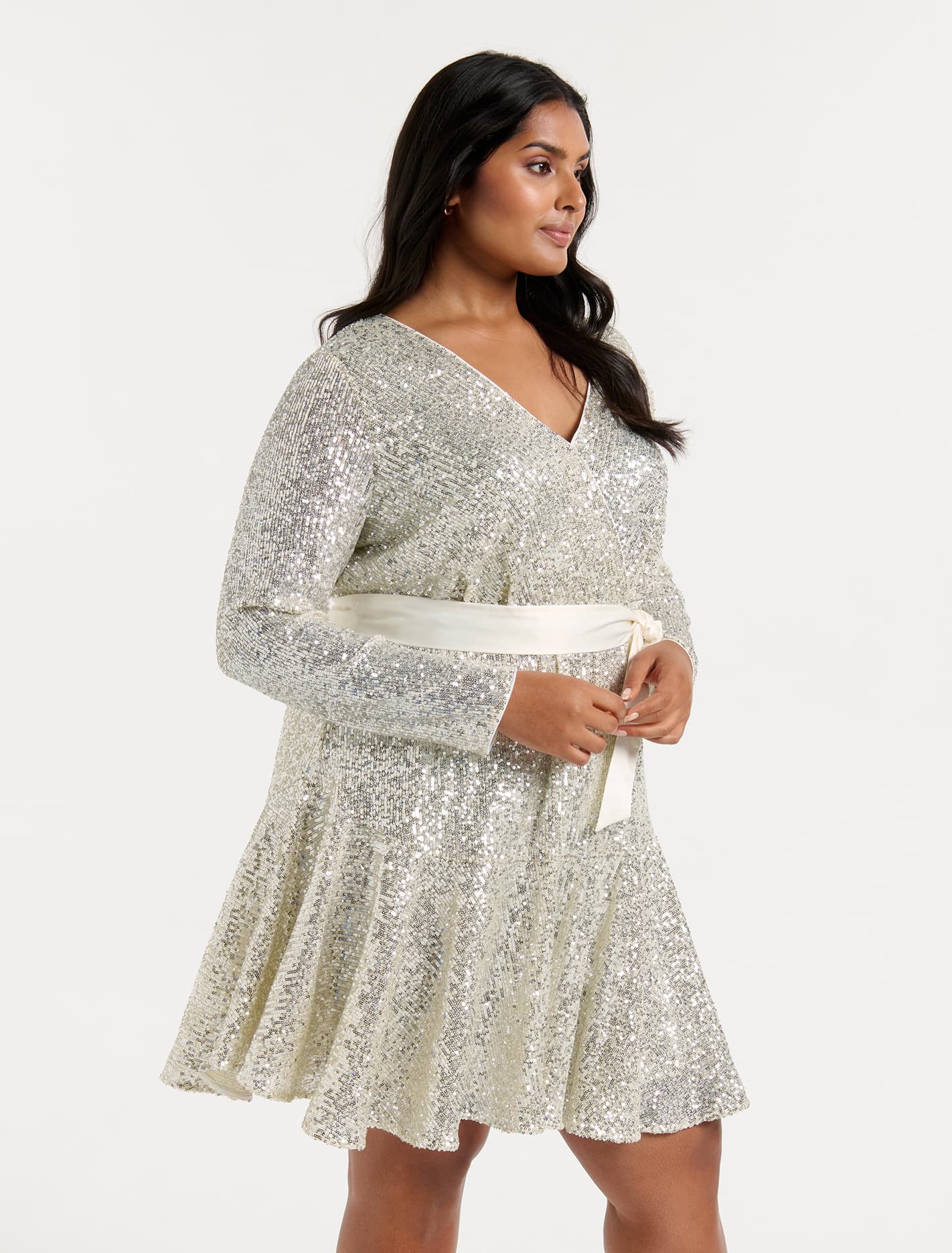 Cher Curve Flare Sleeve Sequin Dress Silver Sequin