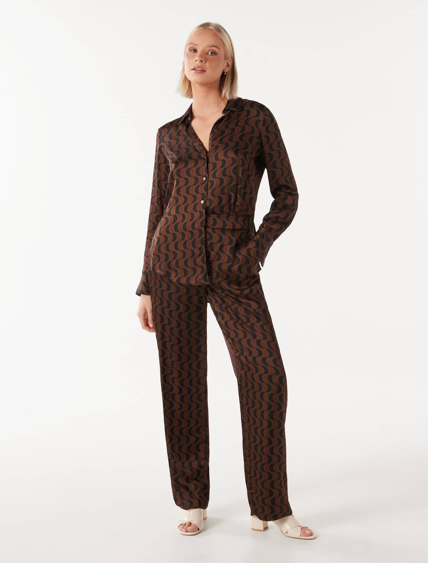 Lila Longline Printed Satin Shirt Dark Harper Geo