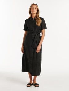 Denver Linen Shirt Midi Dress Black