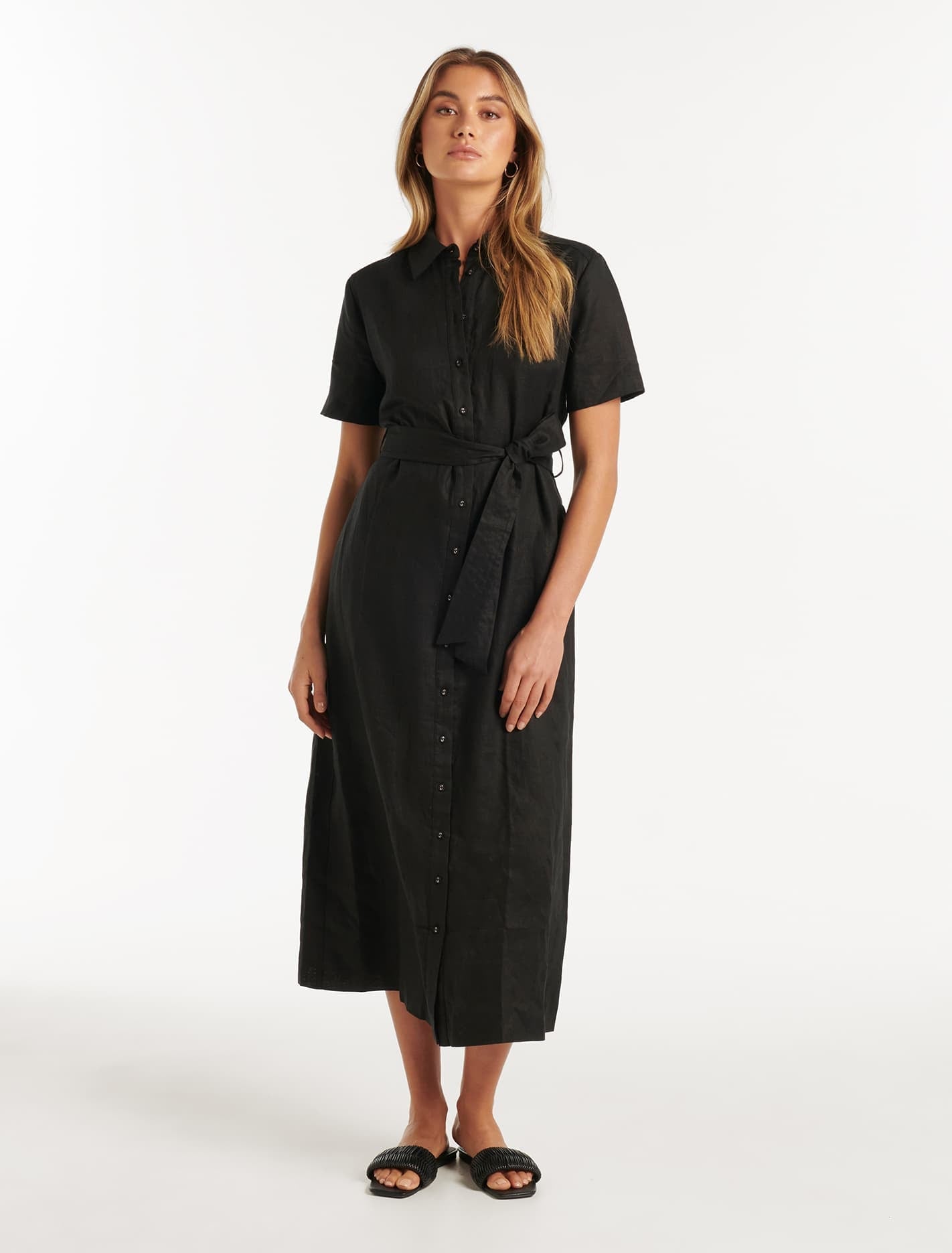 Denver Linen Shirt Midi Dress Black