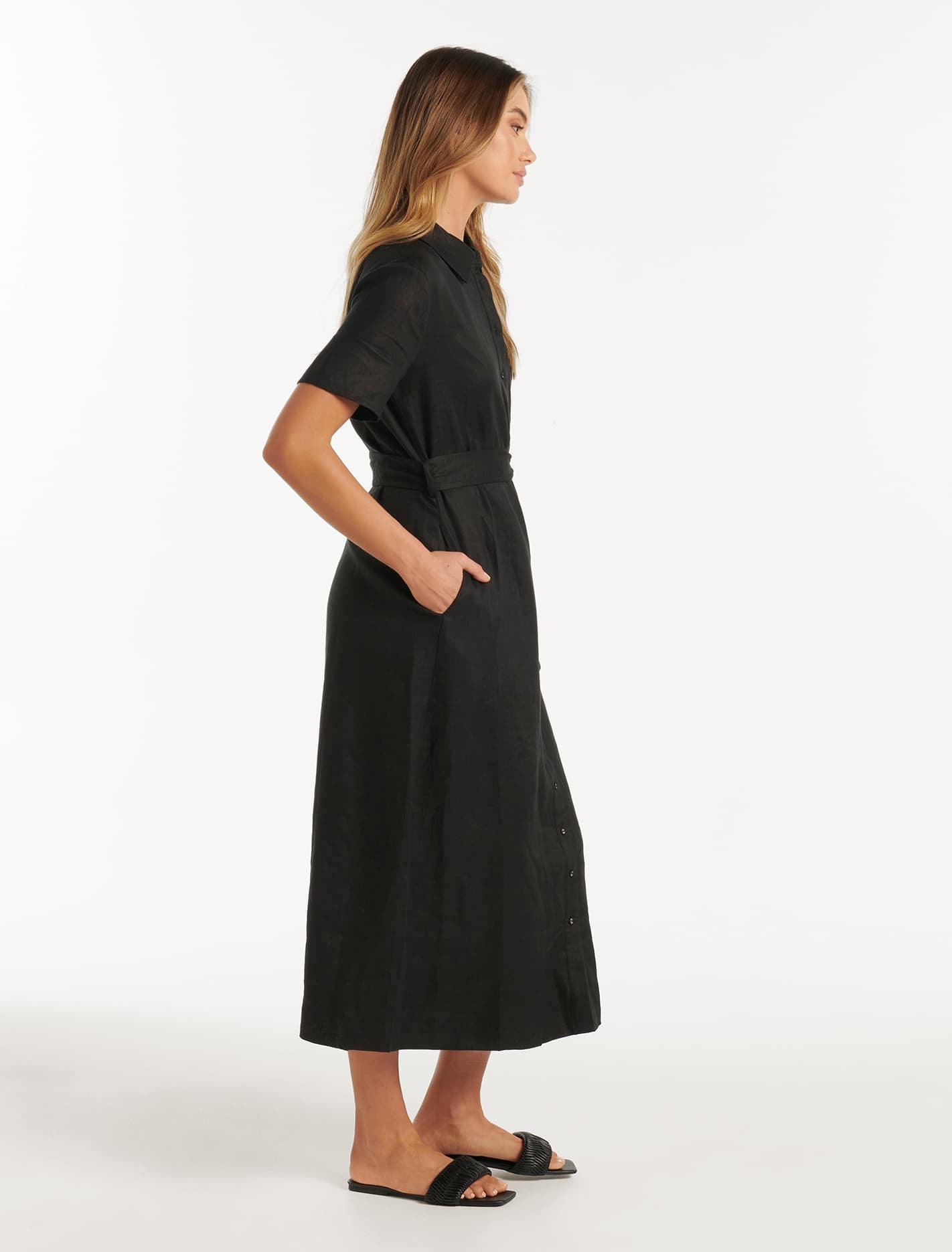 Denver Linen Shirt Midi Dress Black