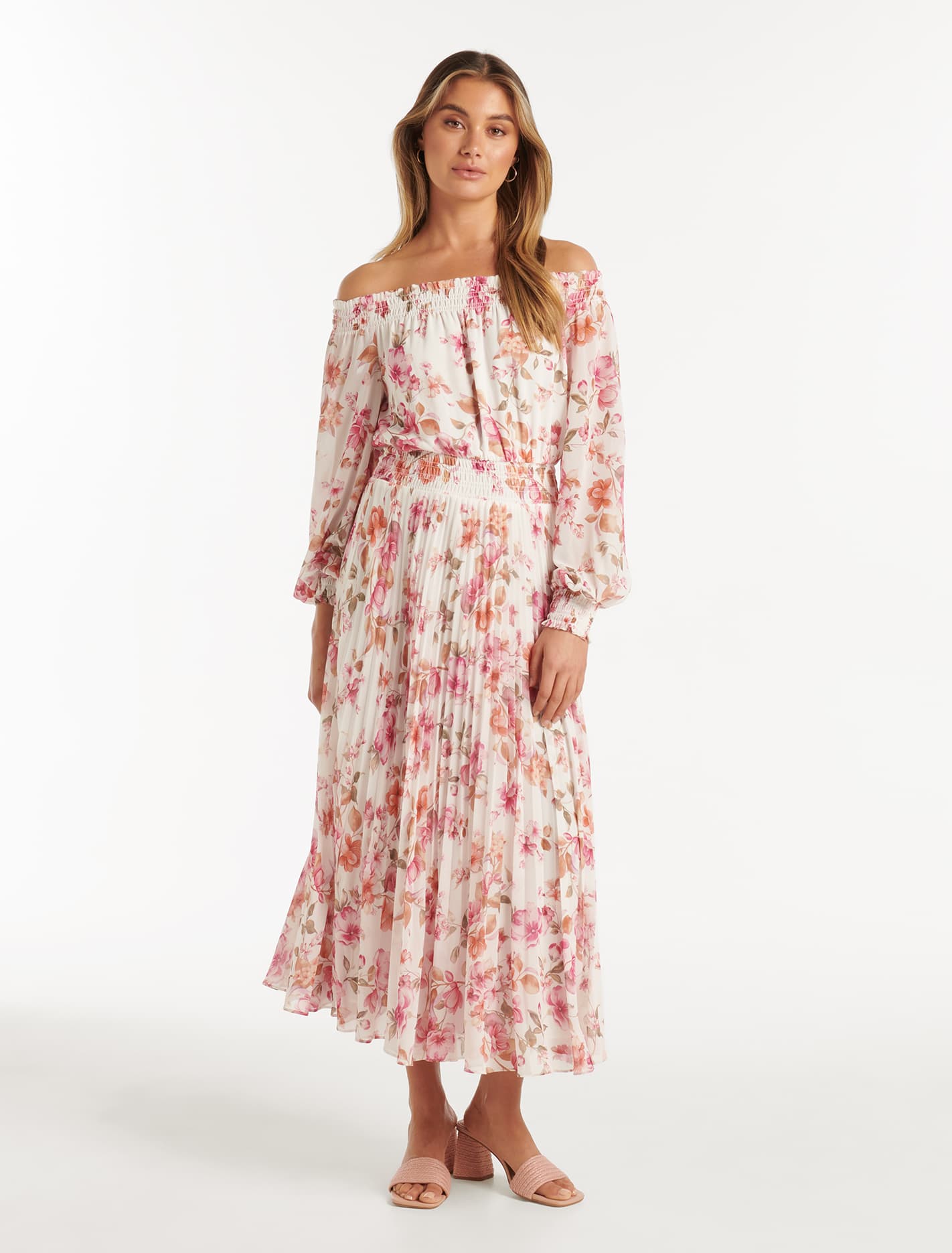 Taylor Off Shoulder Midi Dress Pink Holland Floral
