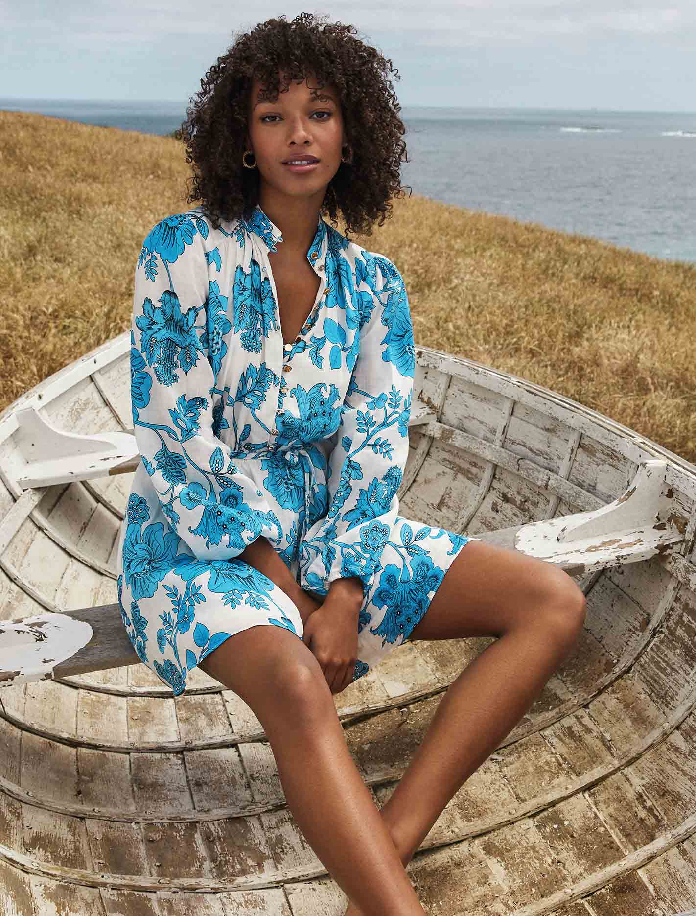Henrietta Button Up Mini Dress Large Blue Leila Chintz