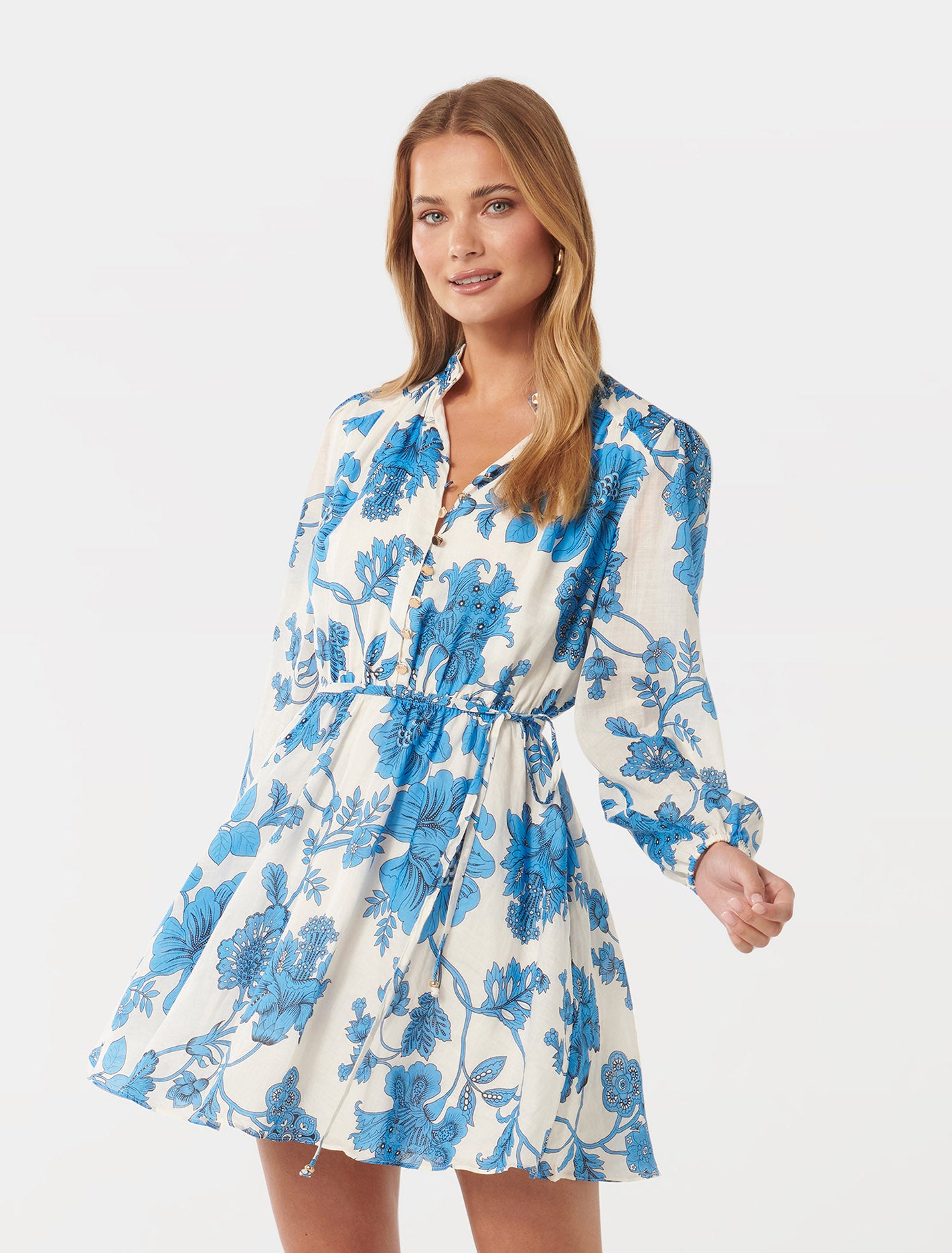 Henrietta Button Up Mini Dress Large Blue Leila Chintz