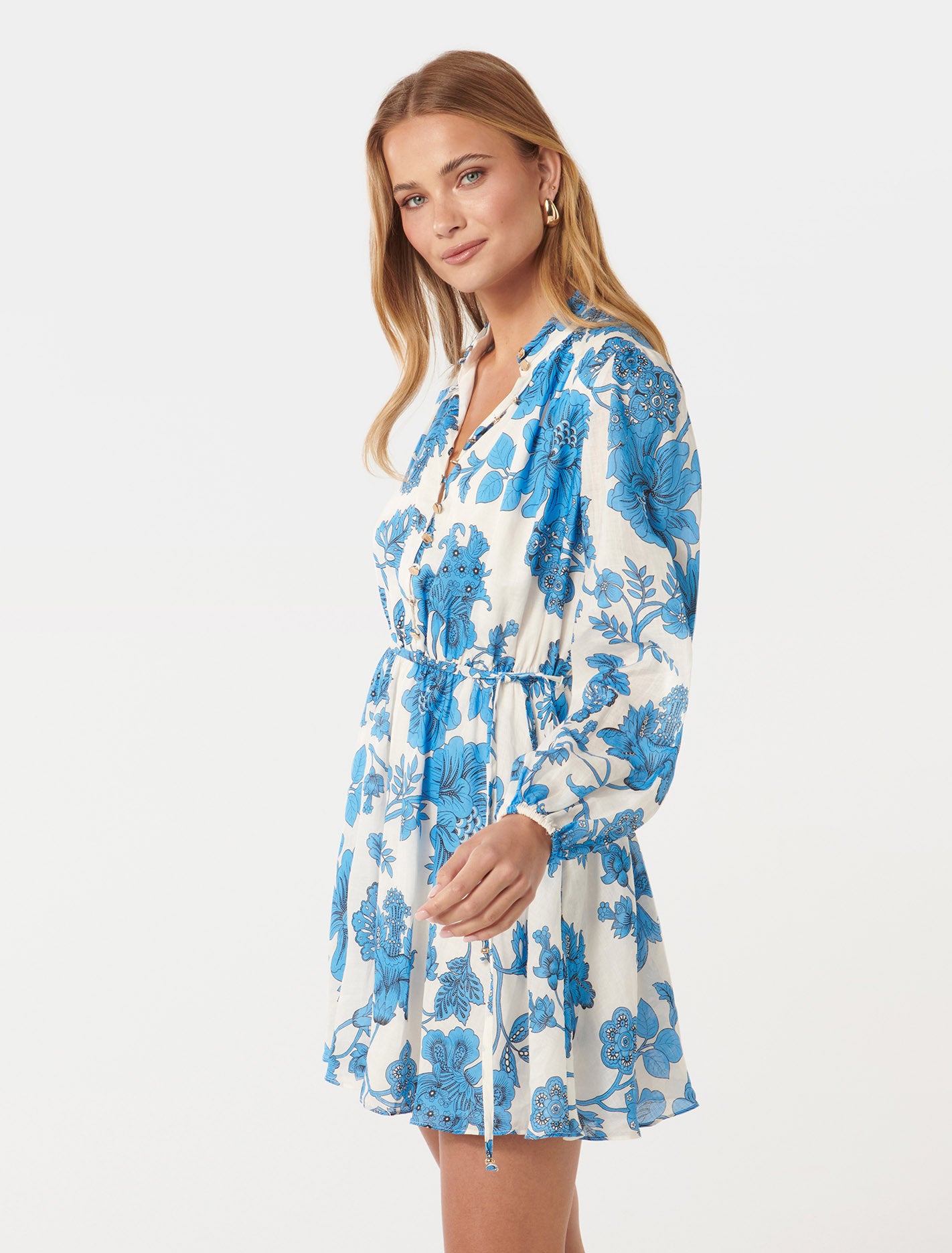 Henrietta Button Up Mini Dress Large Blue Leila Chintz