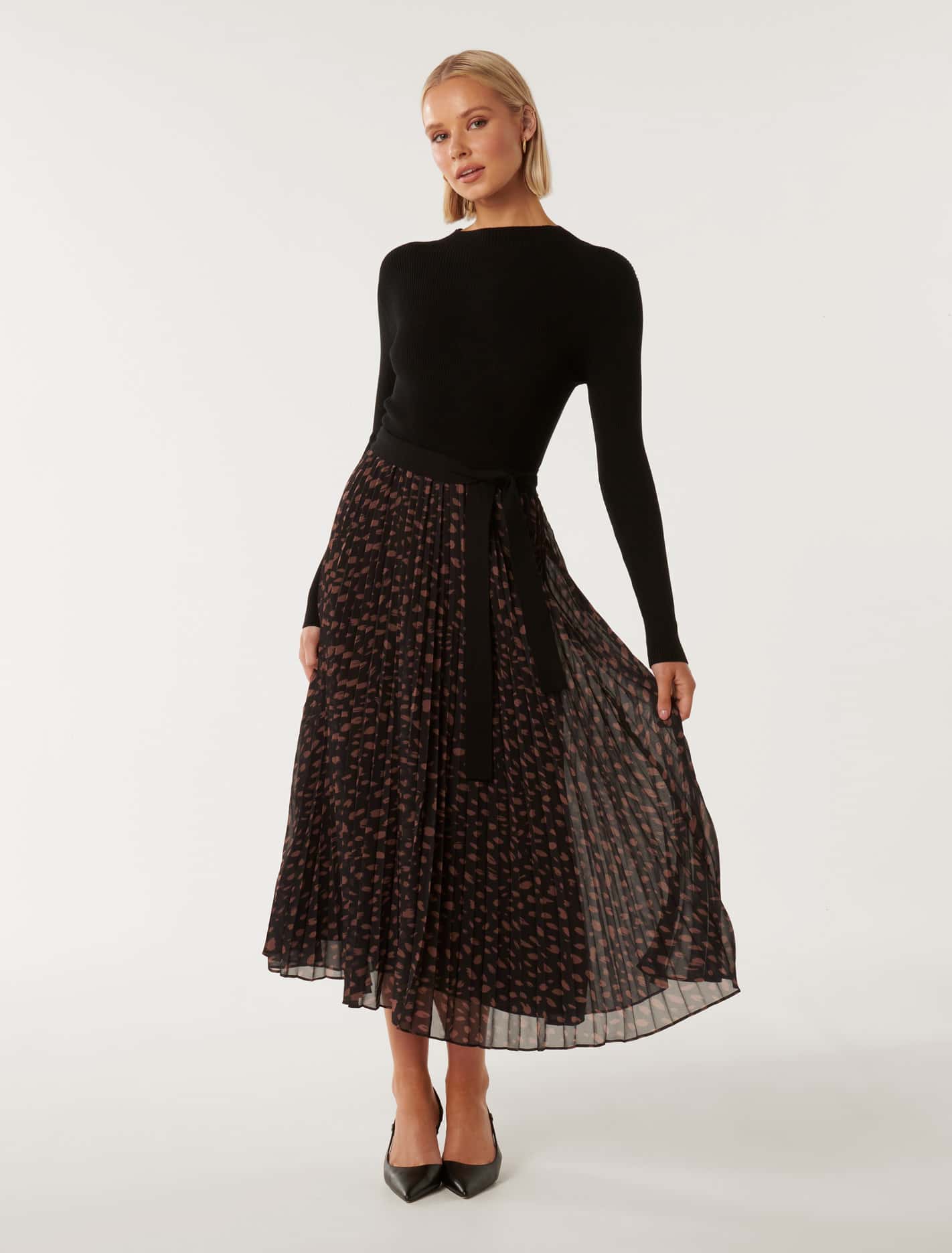 Penelope Woven Mix Knit Dress Sepia Pebble