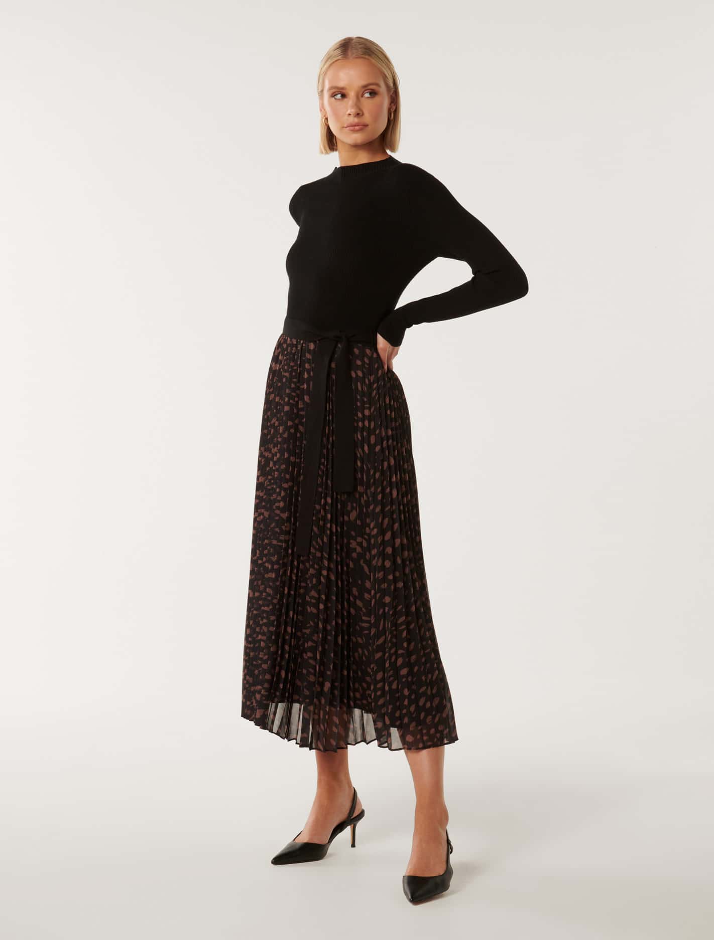 Penelope Woven Mix Knit Dress Sepia Pebble
