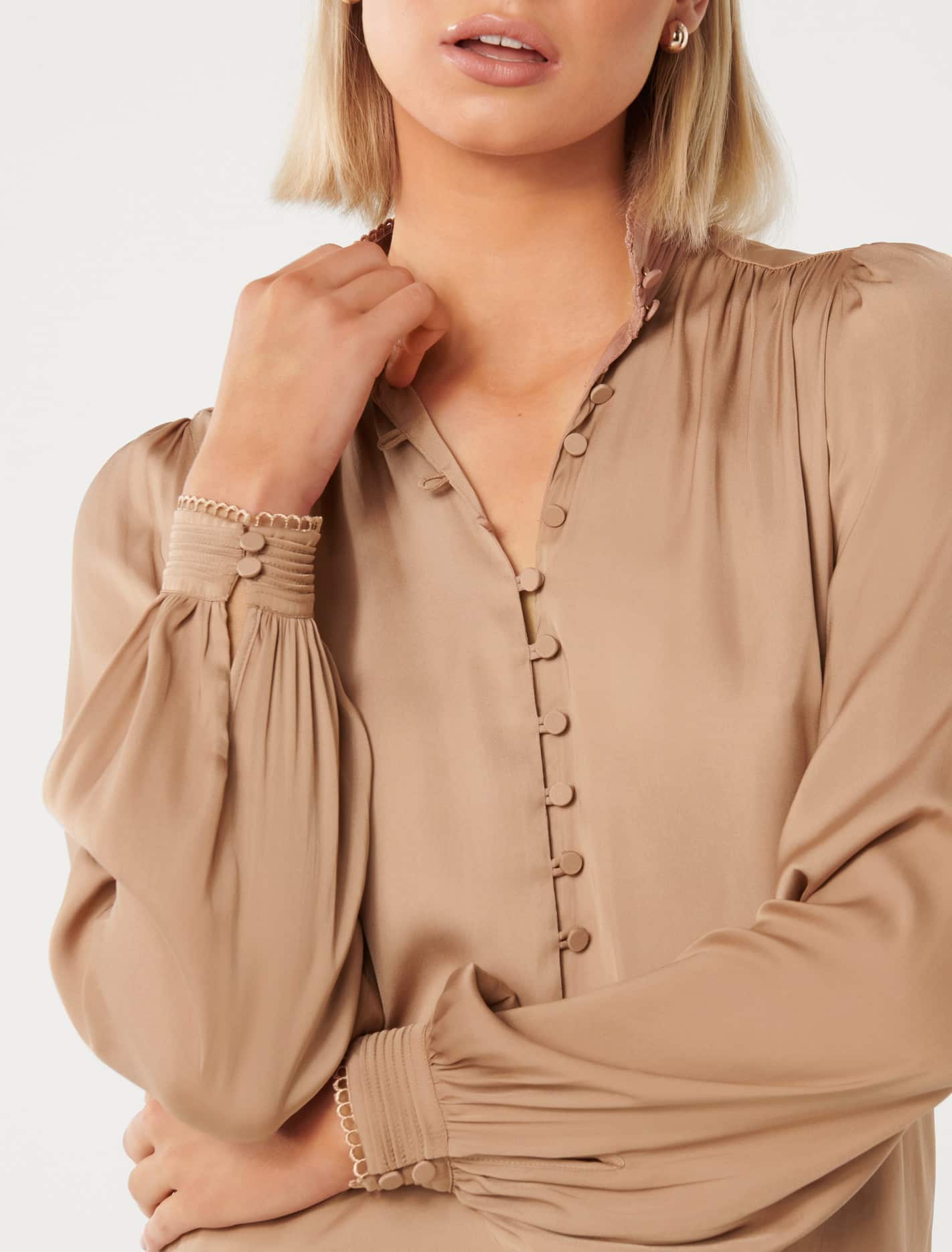 Savannah Satin Button Detail Blouse Burnt Almond