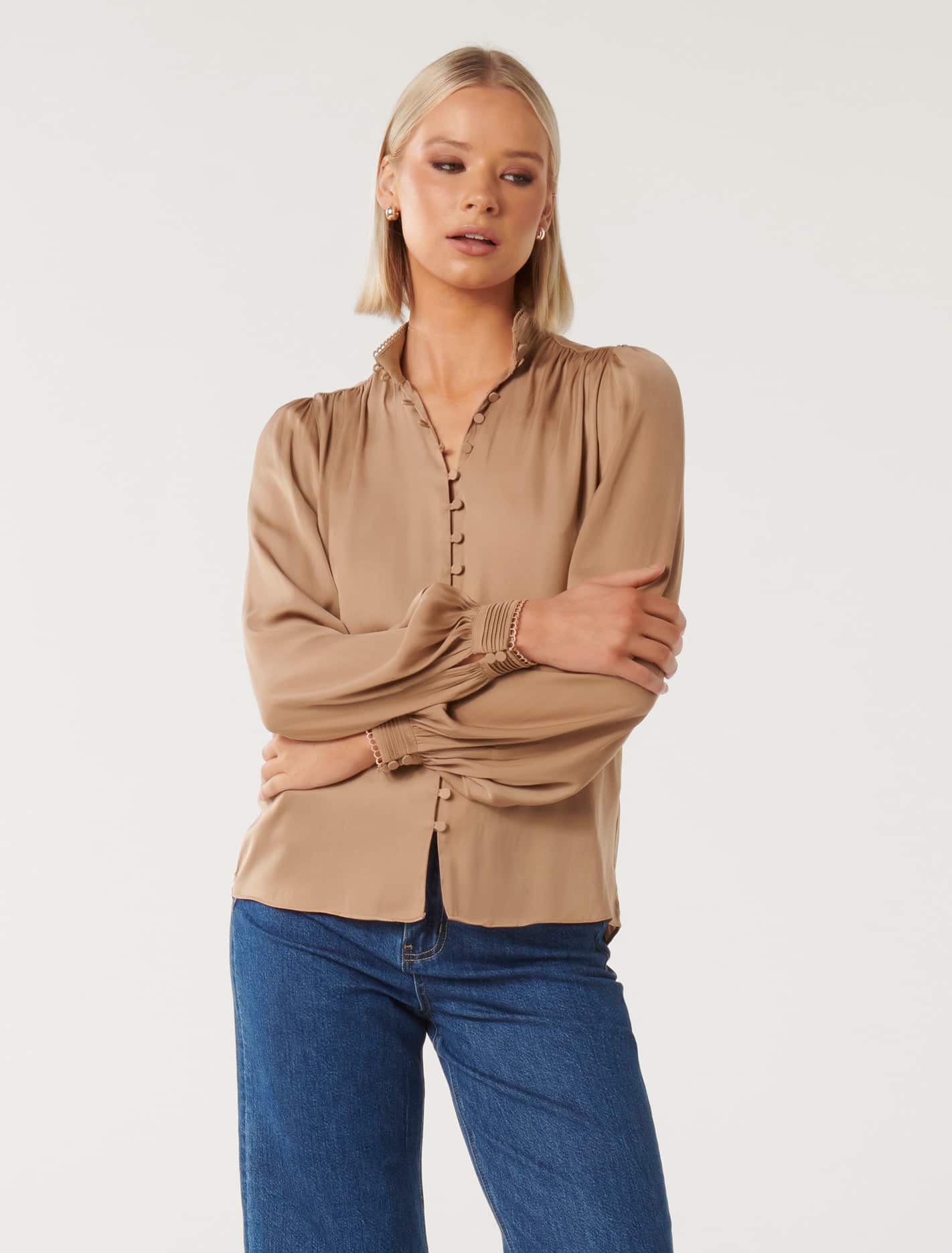 Savannah Satin Button Detail Blouse Burnt Almond