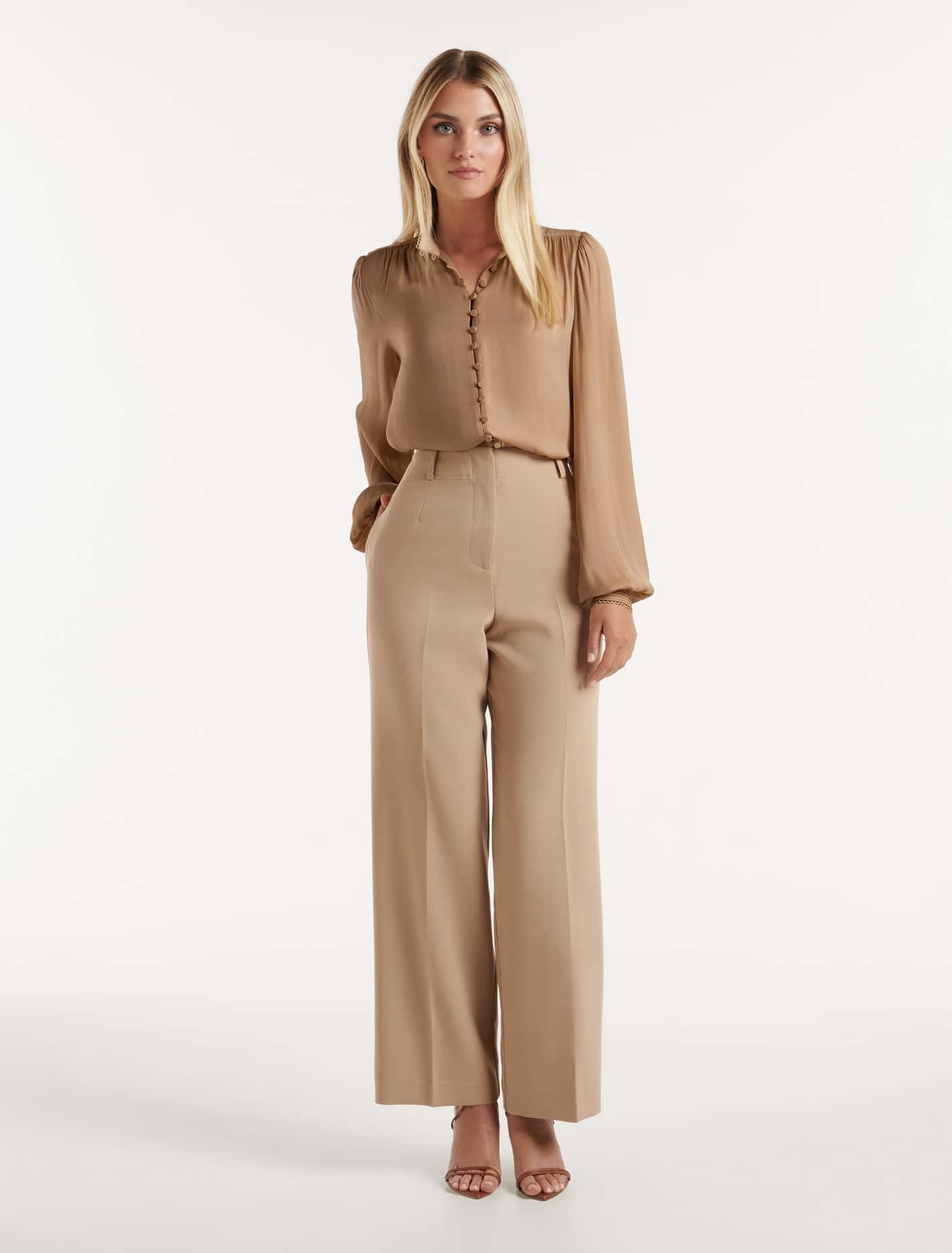 Savannah Satin Button Detail Blouse Burnt Almond