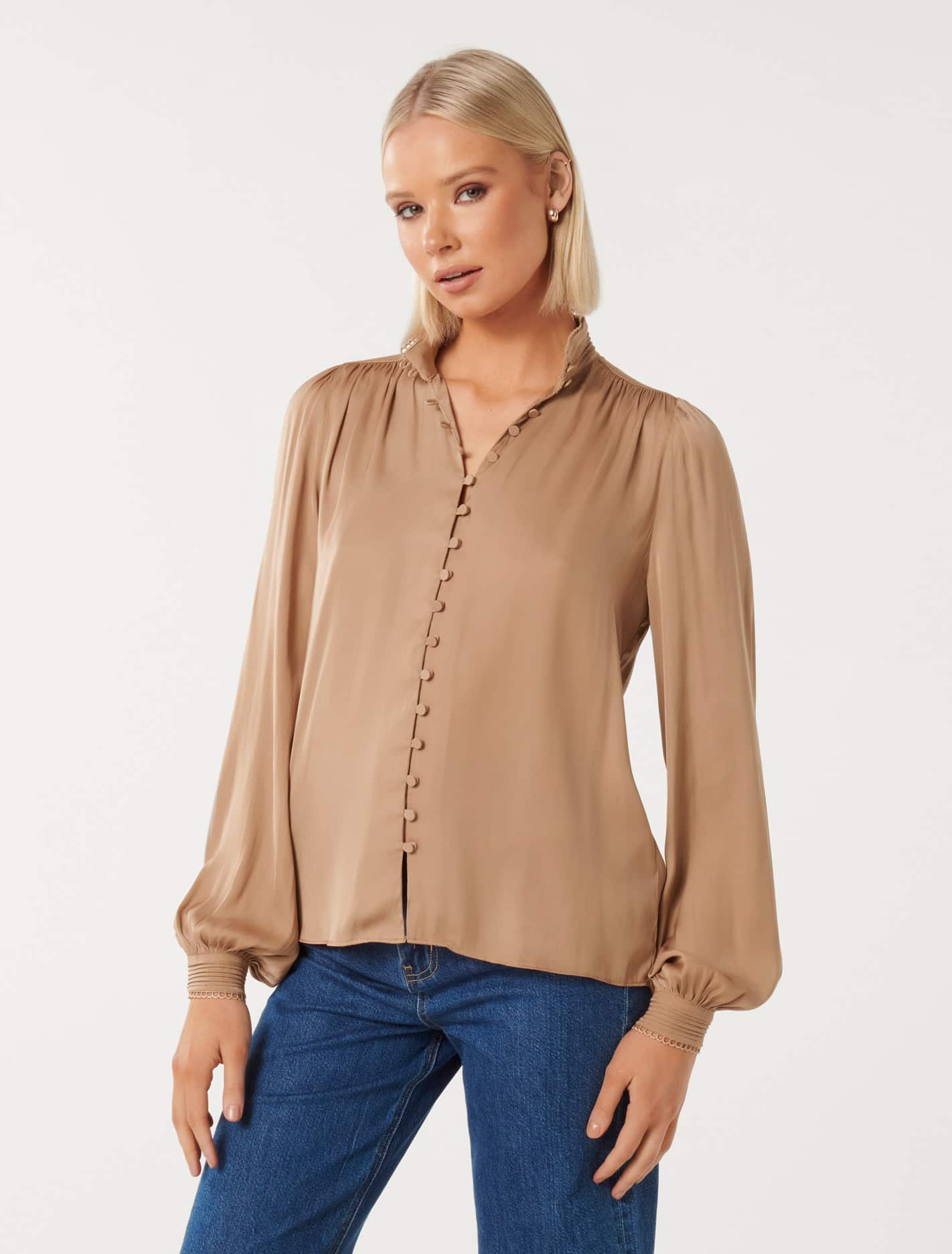 Savannah Satin Button Detail Blouse Burnt Almond