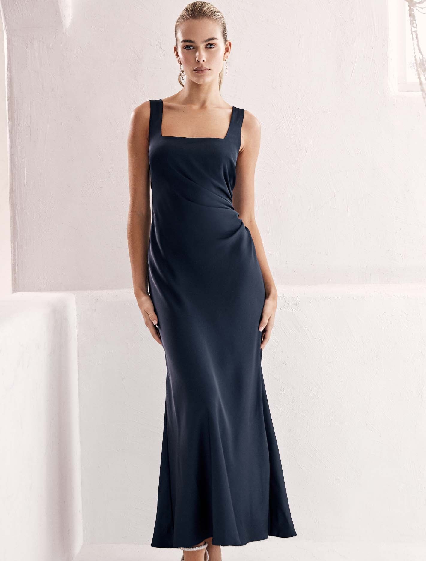 Winnie Square Neck Ruched Midi Dress Navy