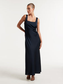 Winnie Square Neck Ruched Midi Dress Navy